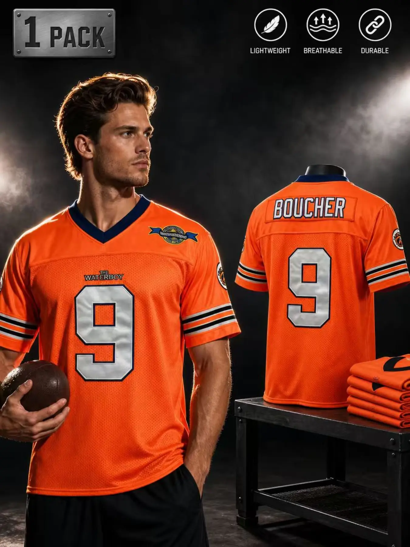 KTYSDE Men's #9 Stitched Football Jersey, The Waterboy Movie Orange Mesh Jersey with Bourbon Bowl Patch, Lightweight Breathable Embroidered Uniform for Halloween Cosplay & Casual Wear