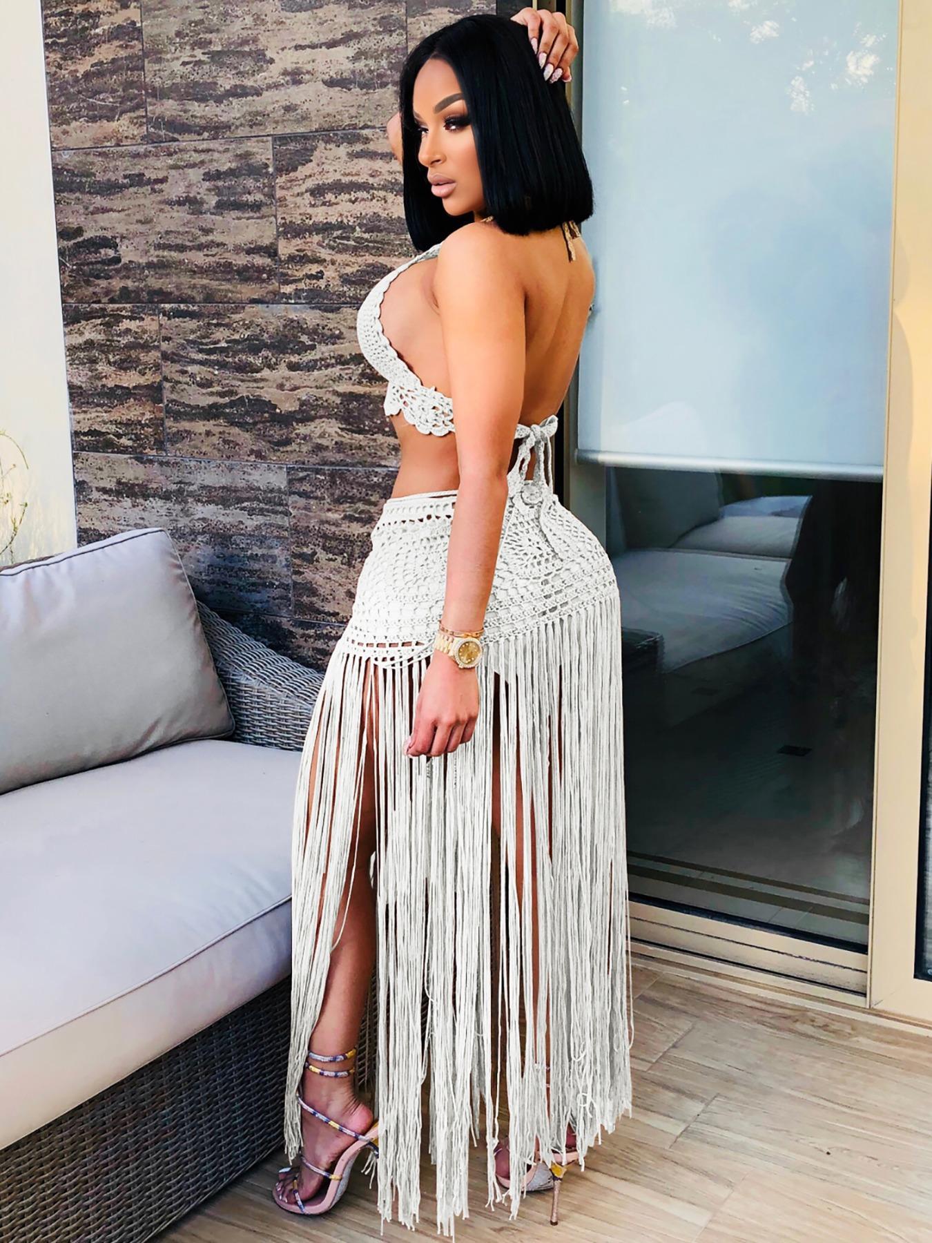 Two-piece Set Women's Halter Neck Crop Top & Fringe Trim Skirt, Casual Fashion Cozy Minimalist Knitwear Set for Daily Outdoor Wear, Ladies Clothes for All Seasons, Casual Matching Set, Suits, Cute Summer Outfit, Womenswear