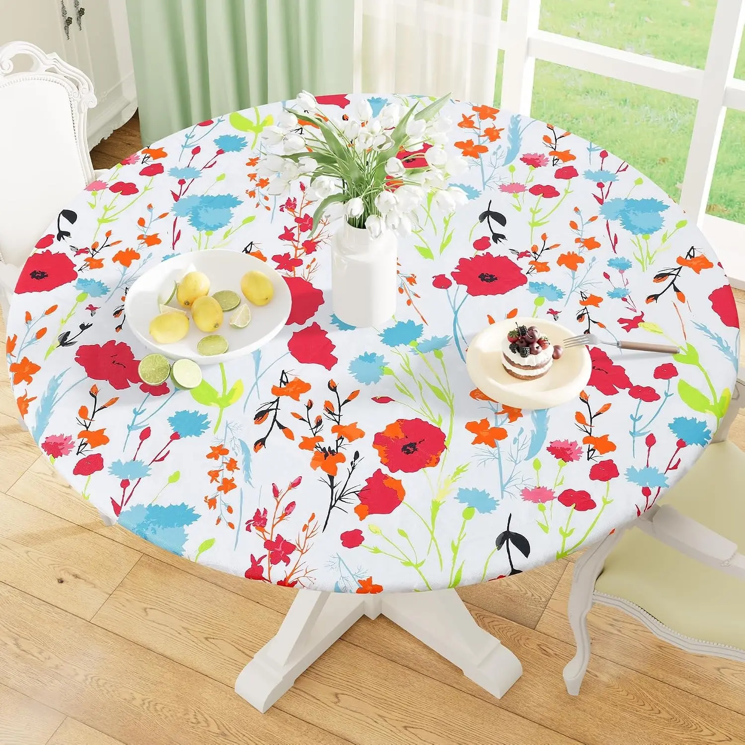 Elastic Edge Round Fitted Dinner Tablecloth, 100% Waterproof Oil-Proof Vinyl Flannel-Backed Plastic Cover, Fits 45"-56" Round Tables for Outdoor, Picnic Use, Dinner Table