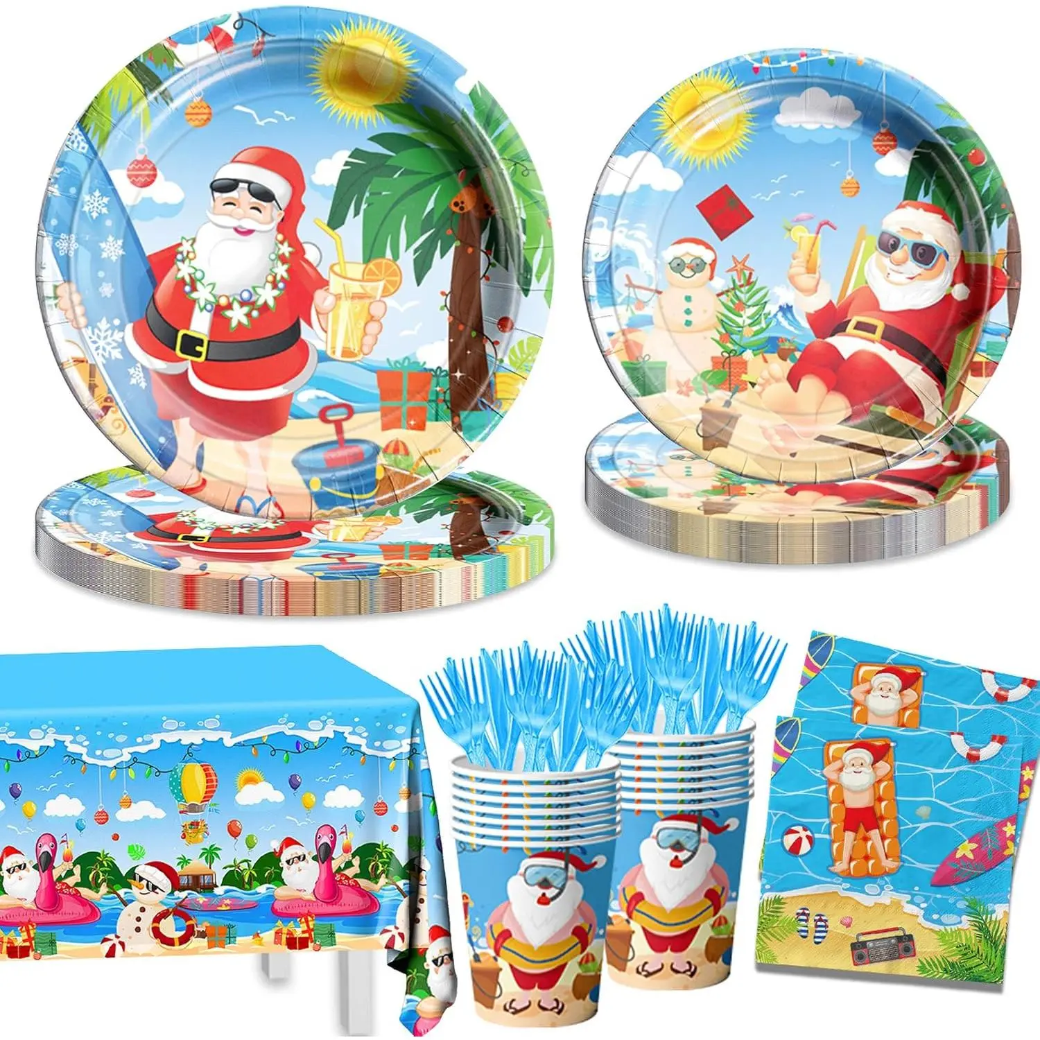 Disposable Hawaiian Beach Christmas Tableware Set - Palm-Themed Plastic Supplies (Multi-Size) for 24 Guests, Includes Paper Plates, Napkins, Cups, Tablecloth, Forks, Party