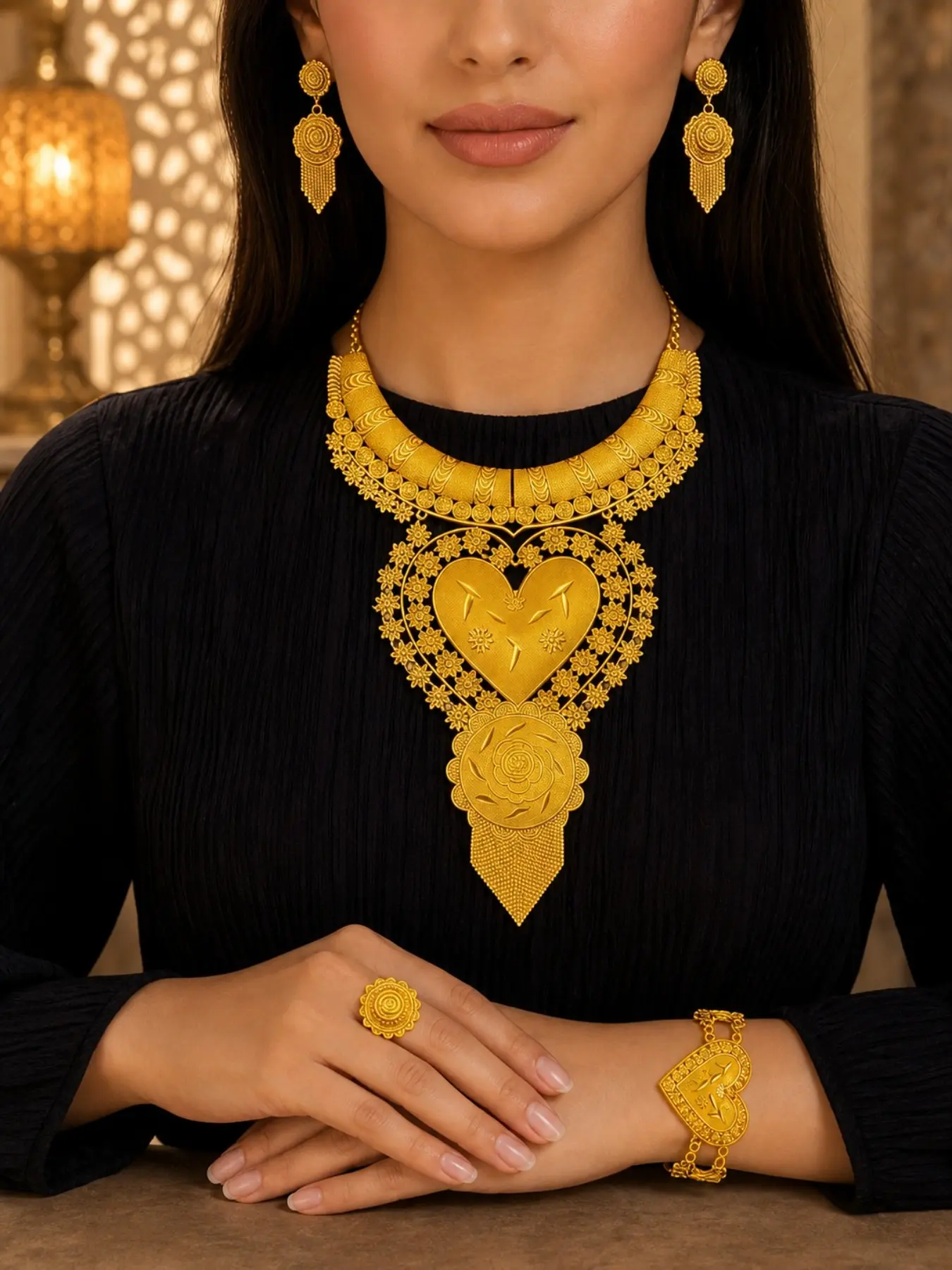 4 pieces each set of gold-plated jewelry for Arab ladies in the Middle East, luxury style, long heart-shaped hollow necklace, ring, earring bracelet, adjustable jewelry set, Elegant jewelry set, for holiday gifts, wedding banquets, party celebrations
