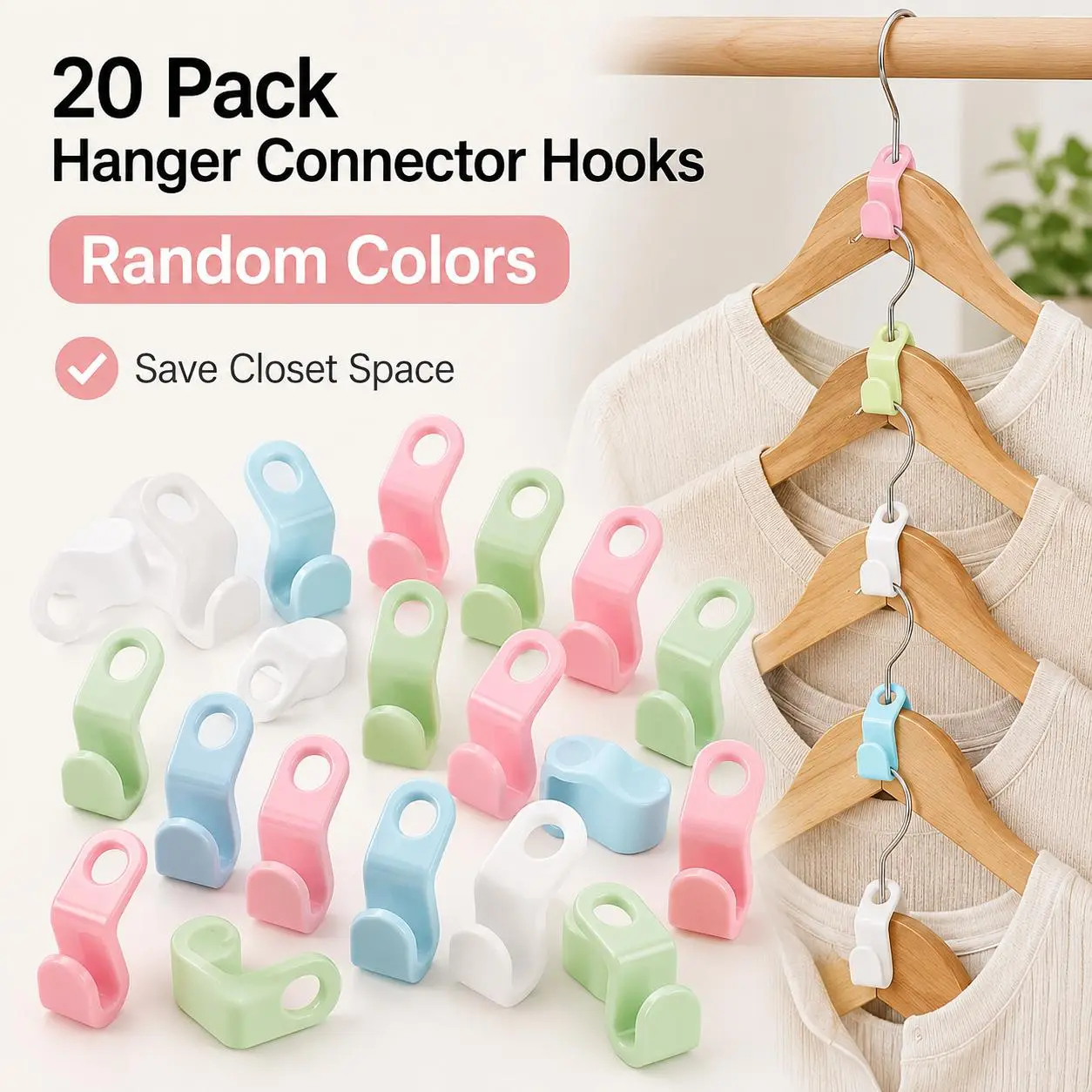 20-Pack Cascading Hanger Connector Hooks, Heavy-Duty Closet Space Saver, Vertical Clothes Organizer and Back-to-College Dorm Room Essential, Assorted Colors