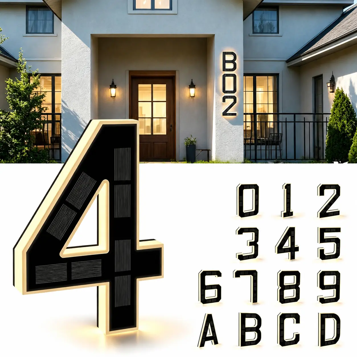 Solar Lighted House Numbers 9 Inch Waterproof LED Address Signs for Outside Modern House Numbers with Large Personalization Options,Decorate your door number, DIY personalisation.Modern Farmhouse Illuminated Sign Light