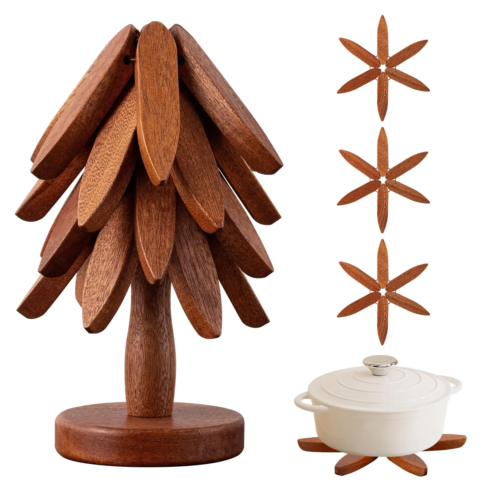 Wooden Tree Design Placemat, 4 Counts Wooden Tree Shaped Placemat with 1 Count Stand, Heat Resistant Placemat for Restaurant, Kitchen Accessories