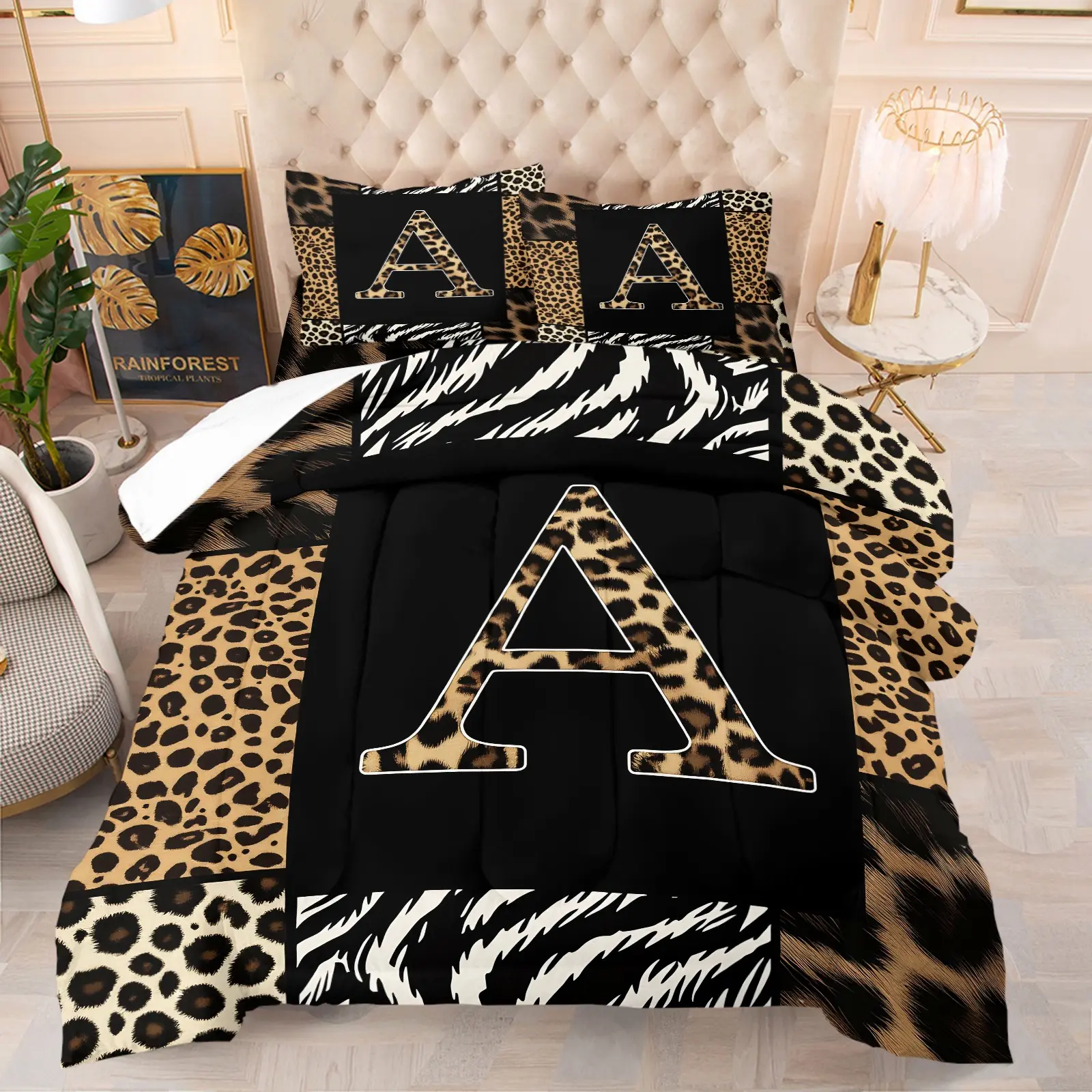 Leopard Zebra Patchwork Letter A Print Comforter Set, Bedding Set - 1 Quilt and 1-2 Coreless Pillowcases, Jungle Animal Skin Spliced Monogram Initial with Black Background, Comfortable Fabric, Bedroom Decor or Gift for Leopard Print Fashion Fans