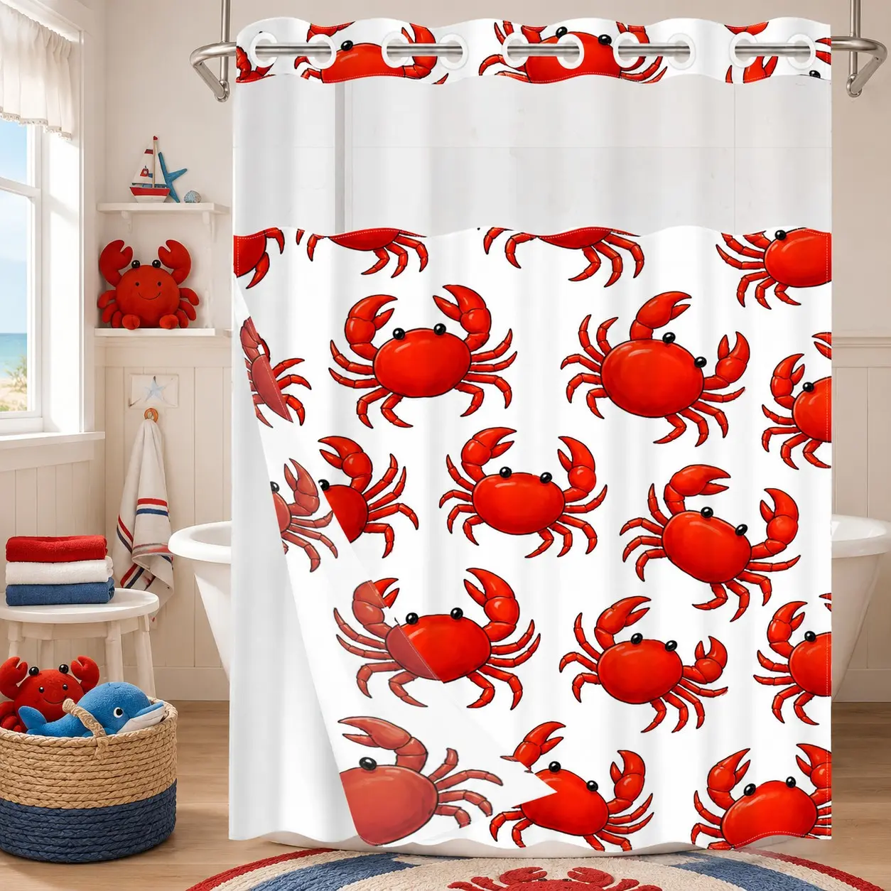 1Pc Hookless Double Layer Shower Curtain Set, Red Crab Coastal Print, Snap-In Waterproof Mildew-Resistant Liner, Fabric Outer Curtain with Sheer Viewing Window, 71×74 Inch, Machine Washable, for Home, Apartment and Hotel Bathrooms
