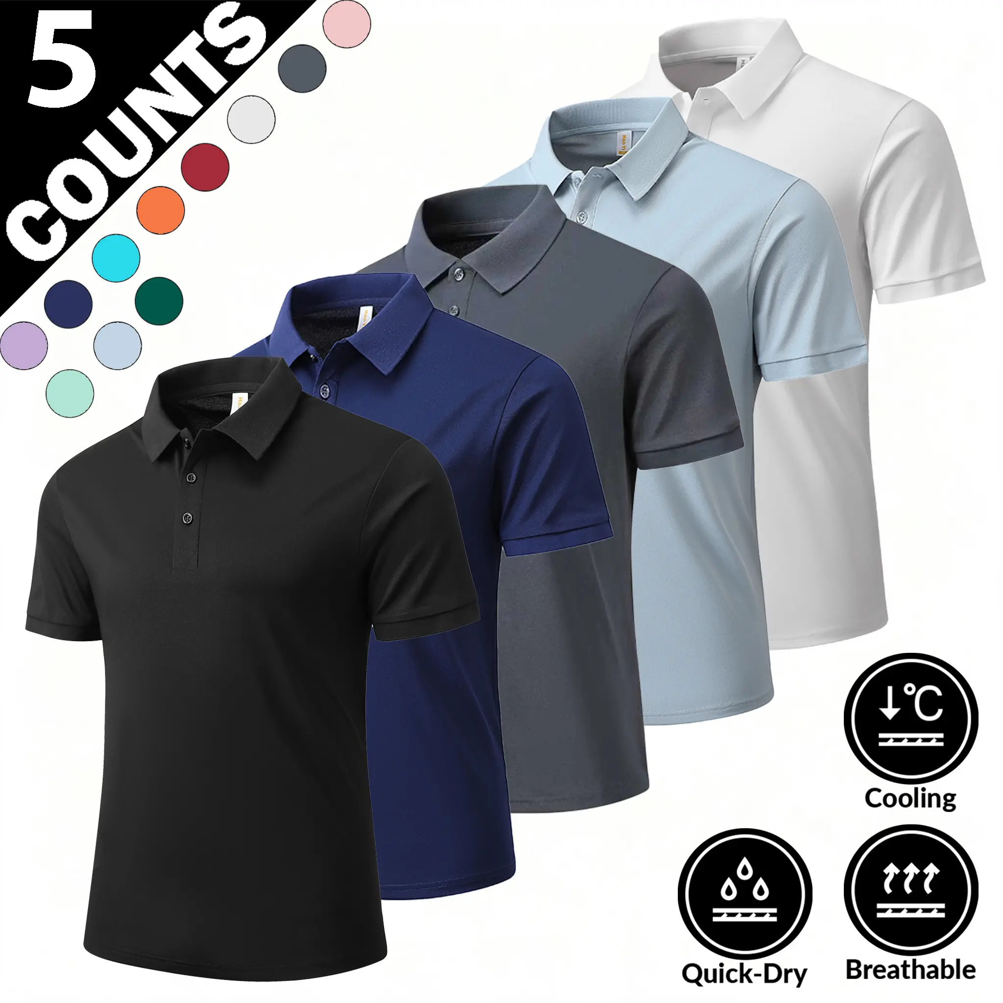 New 2026 five-piece set of solid-color lapel Polo shirts crafted from high-elastic fine imitation cotton pique fabric.The professional pique woven structure boasts excellent air permeability, facilitating efficient air circulation and sweat evaporation t