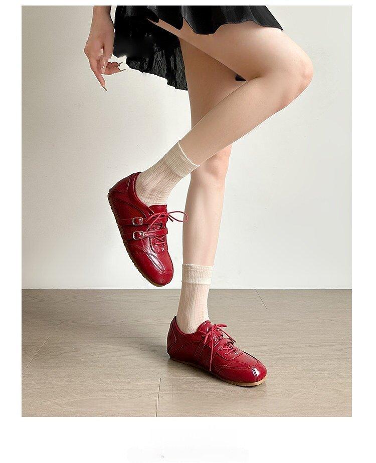 2026 Spring Collection: Patchwork Small Round-Toe Lace-Up Leather Shoes, Casual Ballet-Style Double Buckle Height-Increasing German Training Shoes