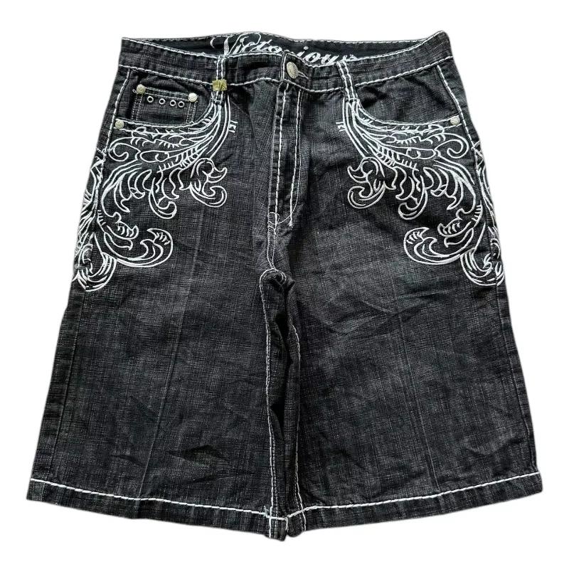 American Vintage Popular New Pattern Embroidery Baggy Denim Shorts Men Street Fashion Gothic Casual Joker Shorts Women Clothing, Trendy Summer Streetwear