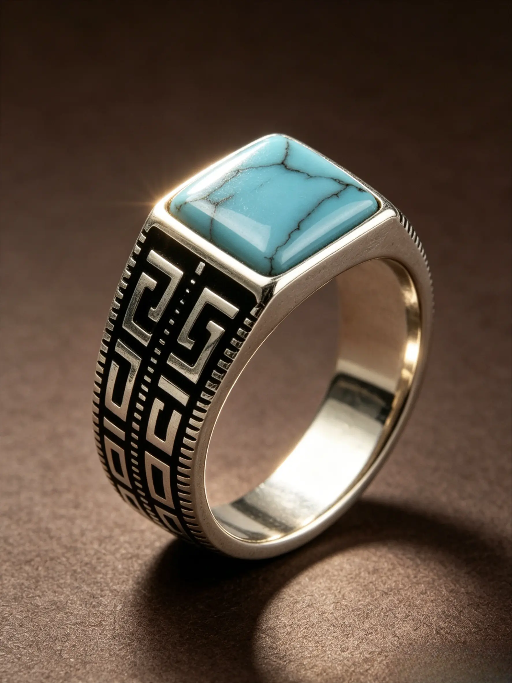 Vintage Oxidized Silver Stainless Steel Men Square Turquoise Signet Ring, Geometric Greek Key Engraved Wide Band, Cracked Turquoise Inlay, Hypoallergenic Tarnish Resistant Western Ethnic Retro Statement Jewelry Gift For Guys