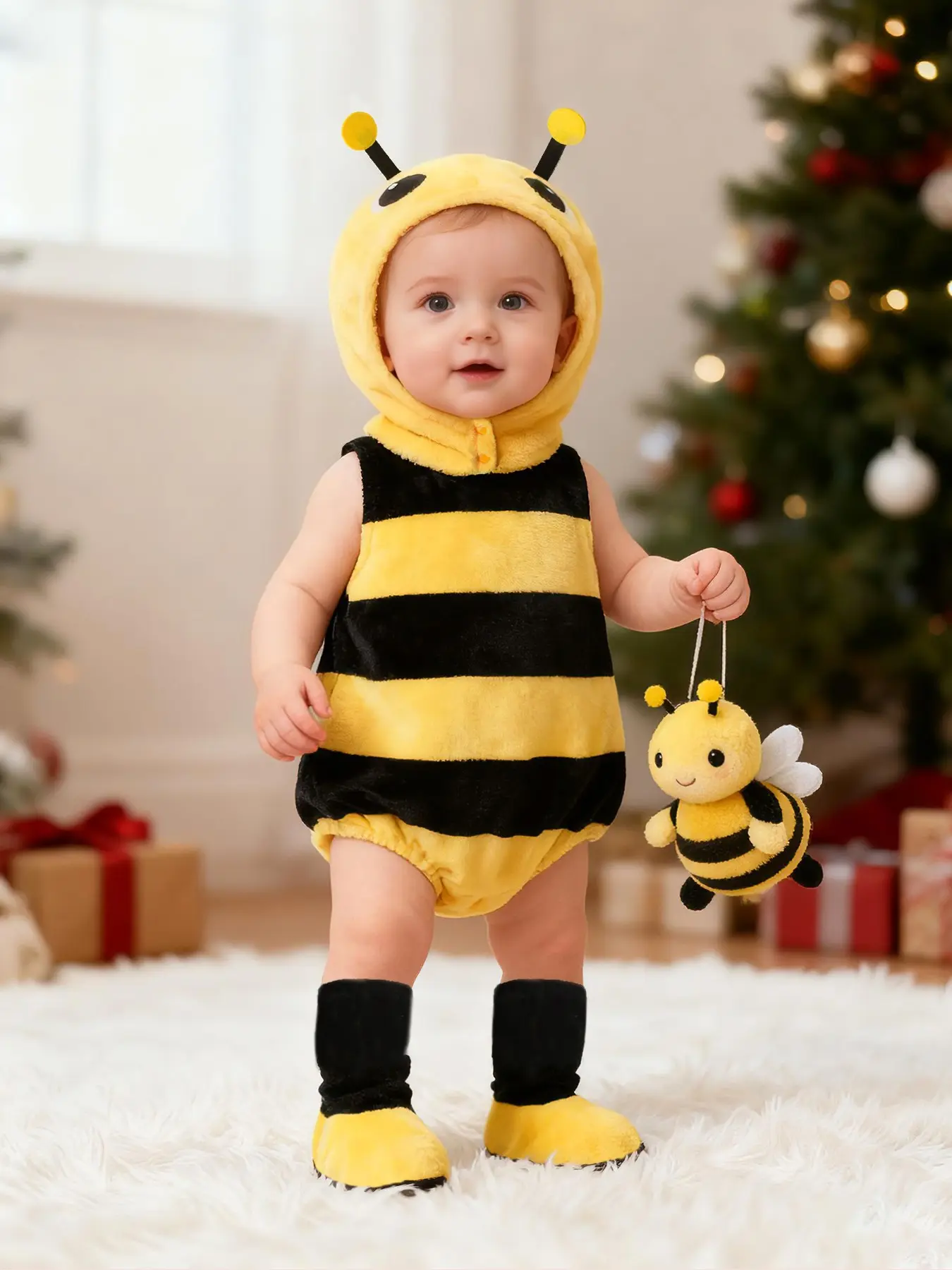 Baby Bee Onesie Set, Three-Piece Fuzzy Bee with Hat and Footies, Newborn Halloween Cosplay Photography Costume, Fall Winter Wear