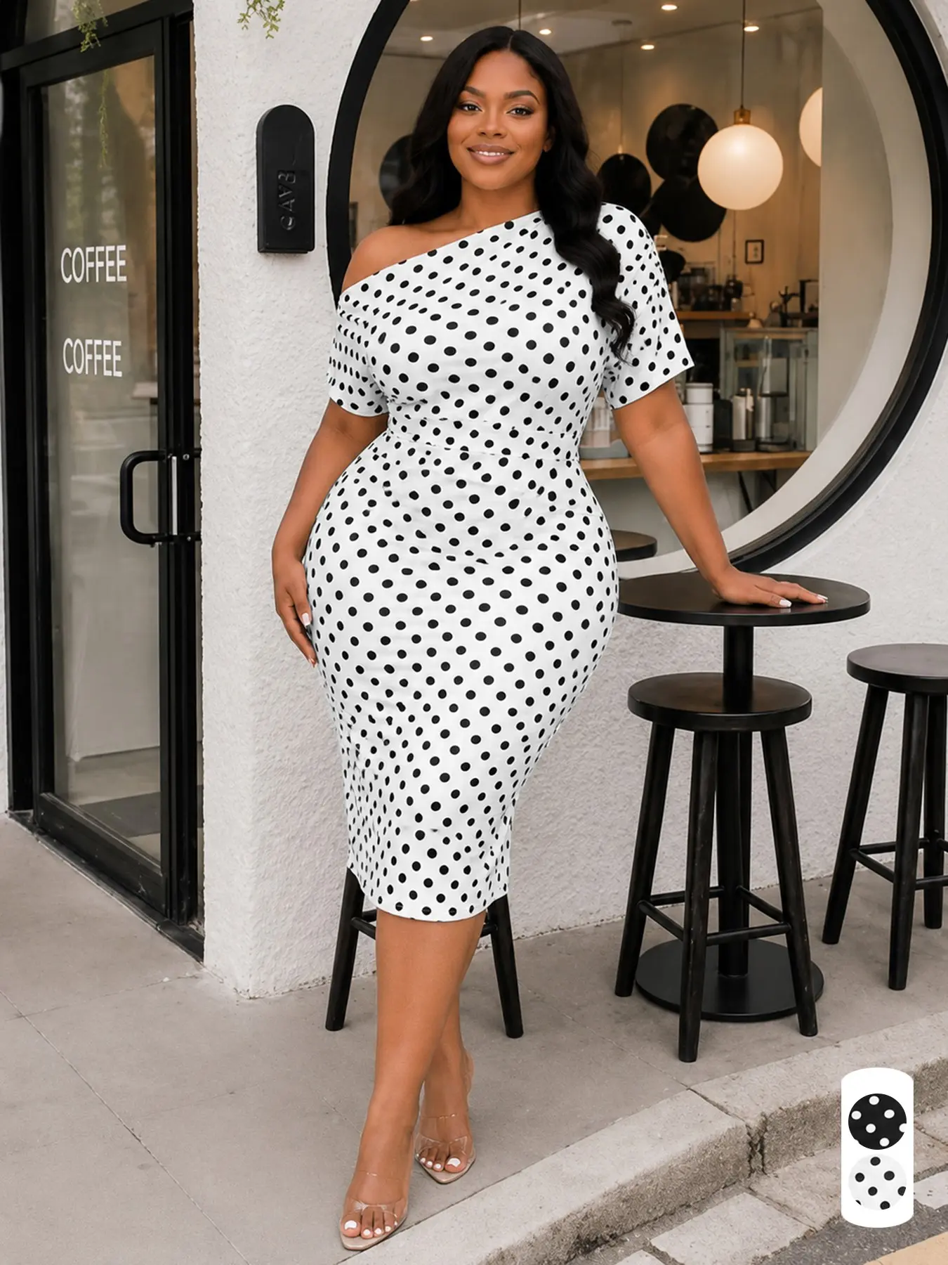 Women's Plus Size Polka Dot One Shoulder Bodycon Midi Dress, Short Sleeve Ruched High Waist Elegant Sexy Party Dress