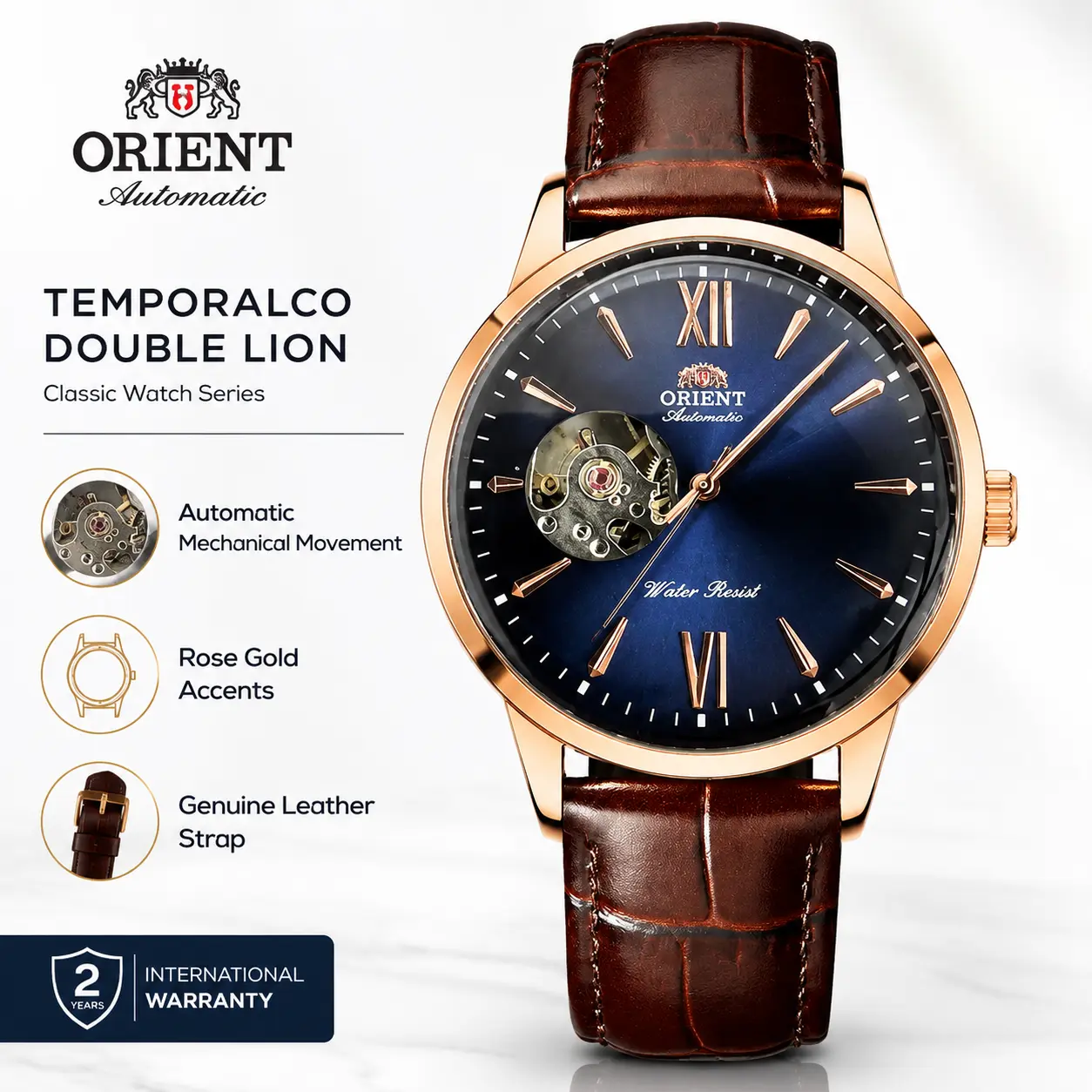 Goldgleelu Double Lion Classic Watch Series Automatic Mechanical Watch with Rose Gold Accents Brown Leather Strap for Men