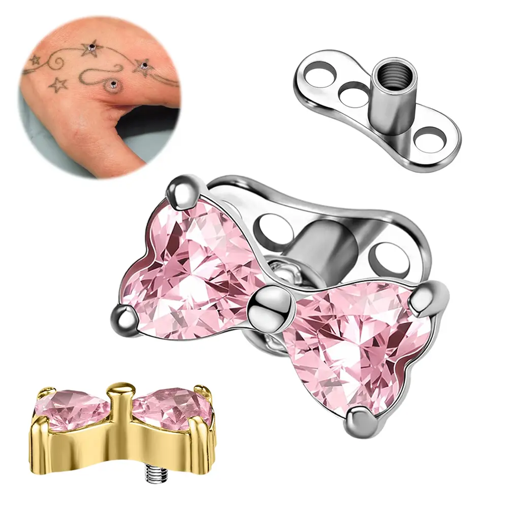 2Pcs 14G 316L Surgical Steel Dermal Anchor Piercing Jewelry, Internally Threaded Microdermal Stud Tops with AAA+ Cubic Zirconia, Hypoallergenic Silver-Gold Surface Accessories with 16g Base, 2.5mm/3mm/4mm Unique Styles for Women, Two Piece Set, Daily Wear