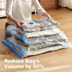 7-piece set of vacuum-compressed plastic storage bags for travel, featuring a portable manual pump, available in large, medium, and small sizes. The bags are made of thick material and are suitable for travel storage and essential travel items.