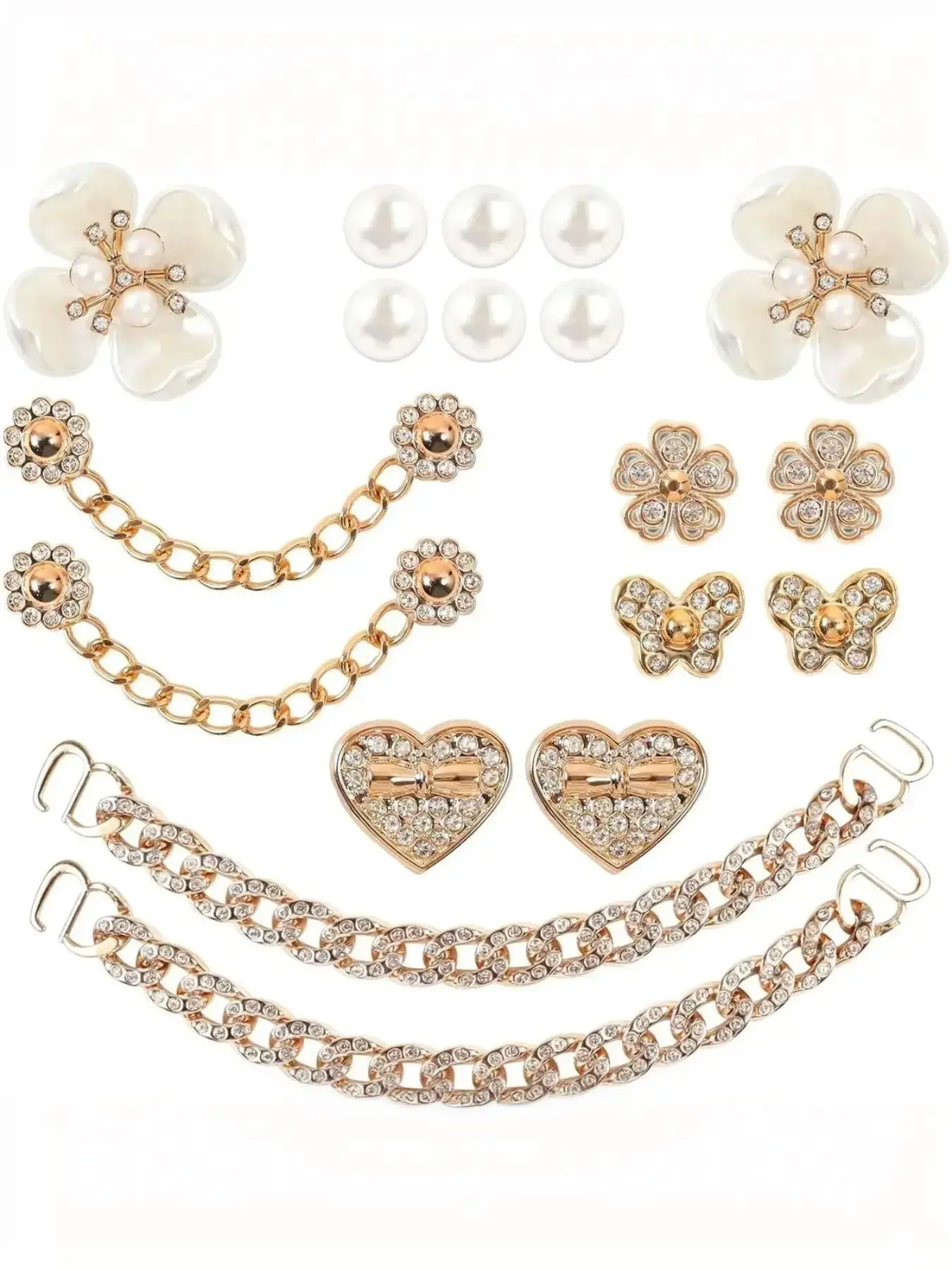 ABS Rhinestone Pearl Croc Charms Kit, Shoe Charms Set, Sparkly Heart Butterfly Floral Detachable Shoe Clips, Metal Chain Decor for Crocs Clogs Sandals, Elegant DIY Footwear Accessories, Multi-Functional Brooch Pins for Bridal Party Daily Jewelry Gift