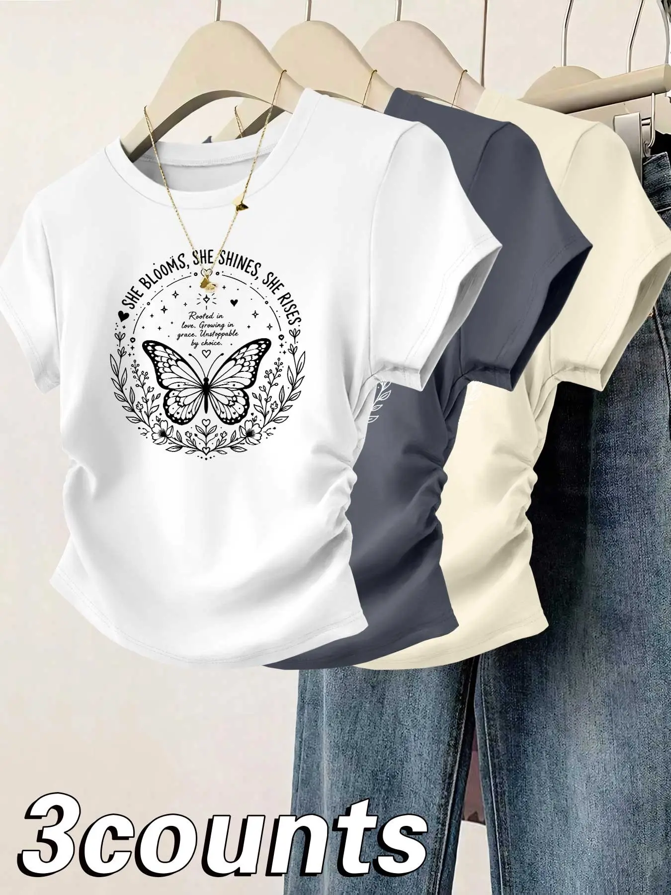 Fashion Casual Simple Print Round Neck Women's Summer Short Sleeve T-Shirt Set, Ruched Waist Design, Three-Piece Combo, Stylish and Comfortable