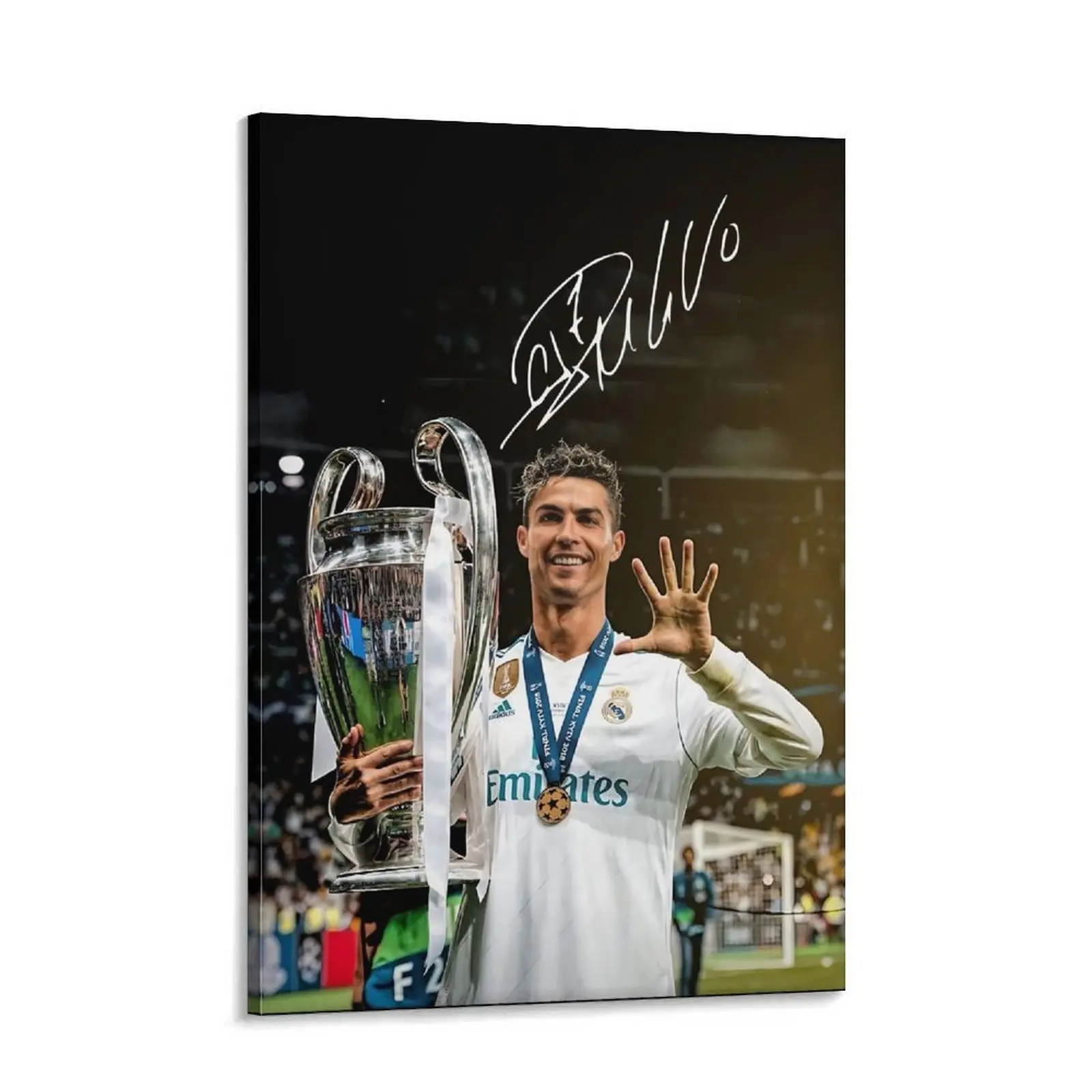 Cristiano Ronaldo & Champions League Trophy Scene 5 Signed Framed Canvas Wall Art Print - Minimalist Hanging Photo, Plexi Glass Clips Included, Soccer Fan Office & Home Decor