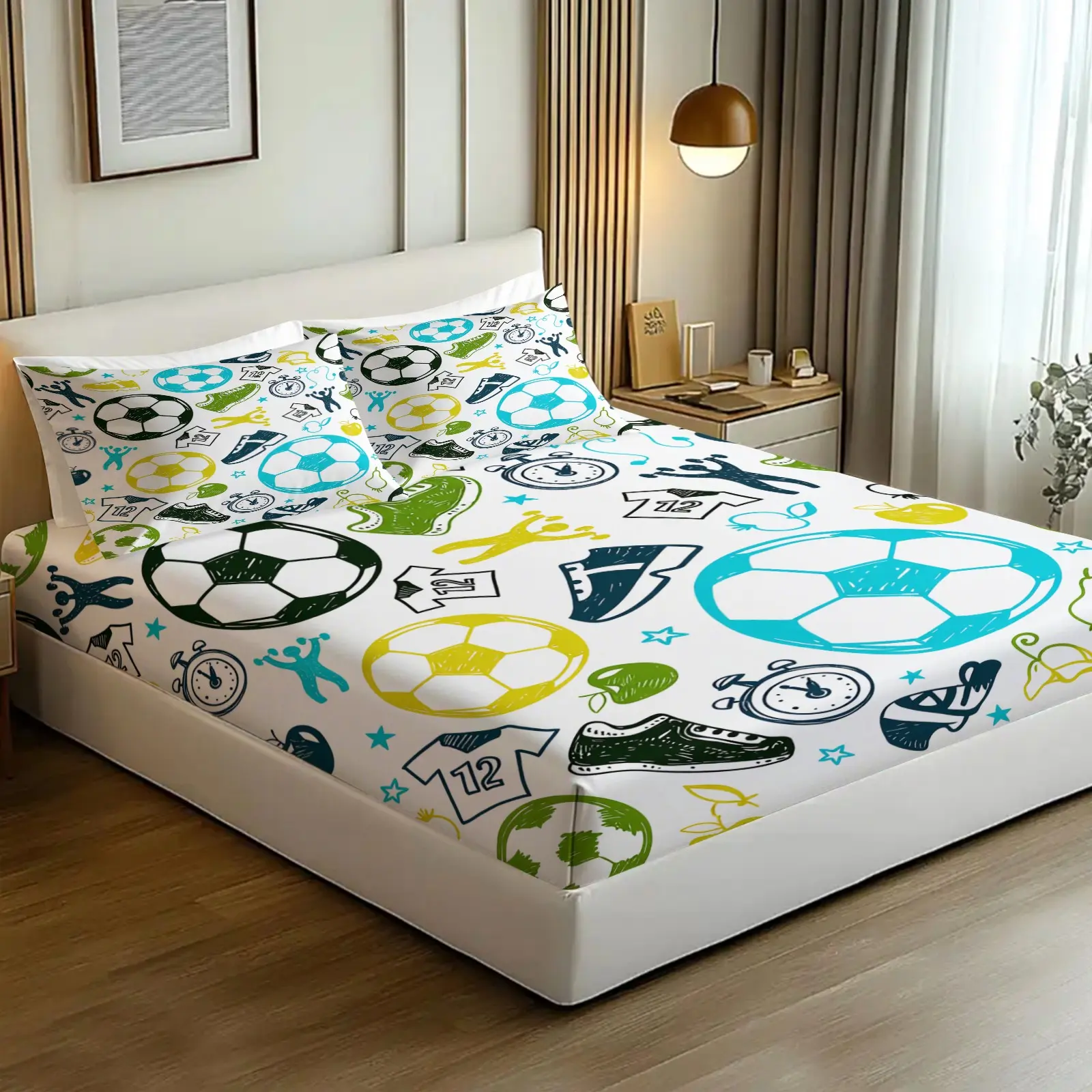Cartoon Soccer Pattern Bed Sheets Set for Kids Teens, Soccer Sports Theme Bedding Sets,Soft Microfiber Bedsheets Set,1 Fitted Sheet and 2 Pillowcases,3 Pcs