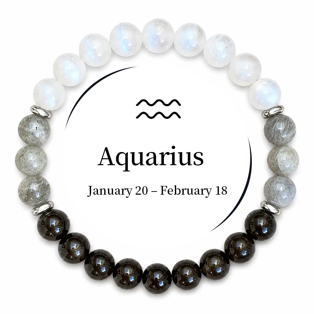 Aquarius Zodiac Creativity & Open Mind Crystal Beaded Bracelet, White Moonstone Gray & Black Mixed Round Gemstone Bracelet, Unisex Boho Energy Bracelet for Inspiration & Harmonious Connections, January 20-February 18 Aquarius Constellation Amulet, Daily S