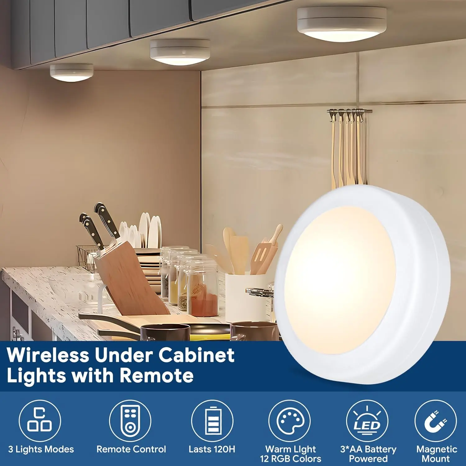 Yiliaw LED Puck Lights with Remote Control,AA Battery Operated,12 Color Closet Under Cabinet Lighting,Push Tap Light, Under Counter for Kitchen, 3 Pack, White-Magnetic，Black magnetic tap puck lights for rental apartment kitchen,T025