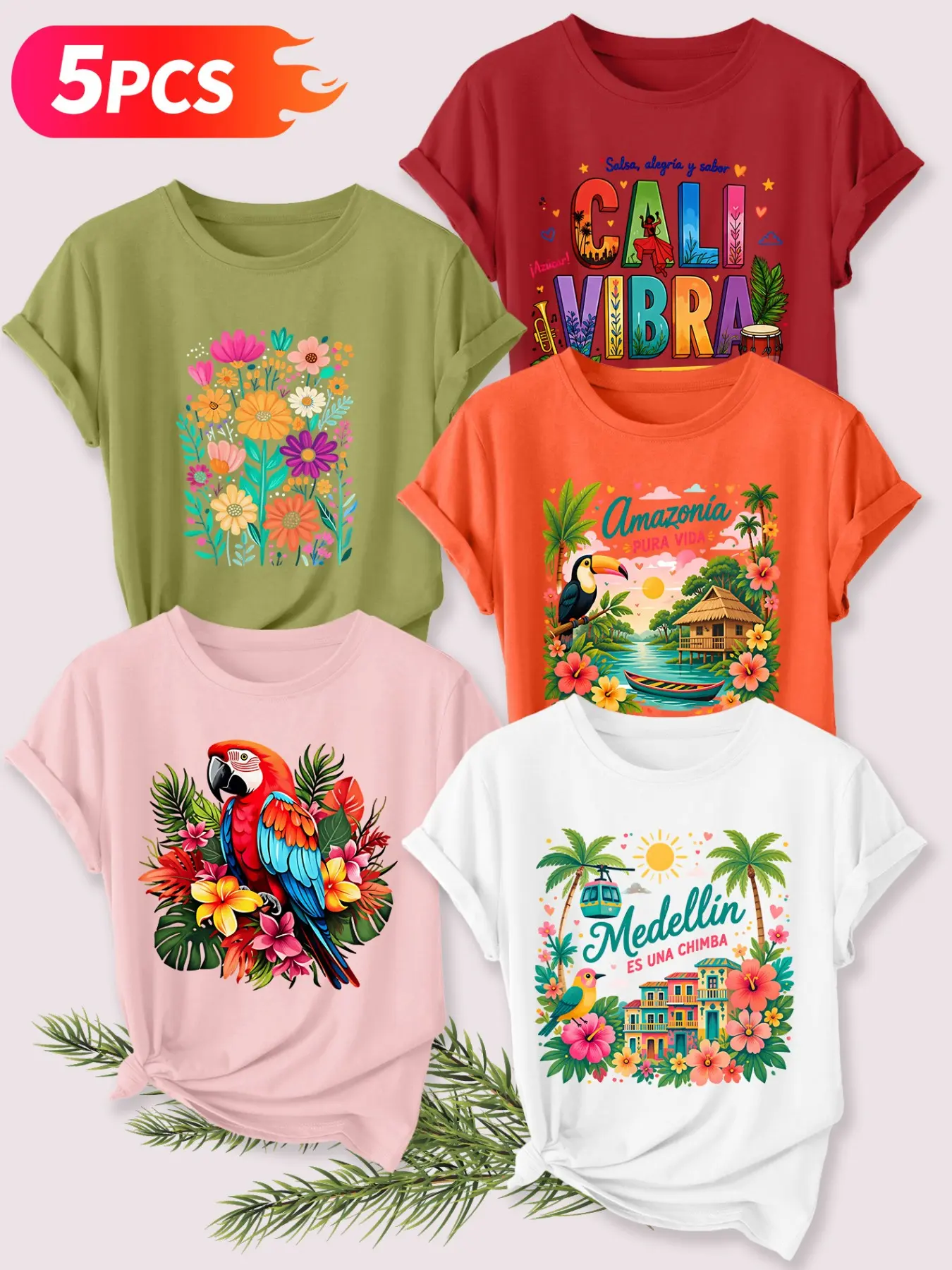 5Pcs Women Crew Neck T-Shirt, Vibrant South American Tropical City Illustration Prints, Multi-color Washable Spring Summer Top, Soft Skin-friendly Fabric Daily Versatile Casual Fashion Design
