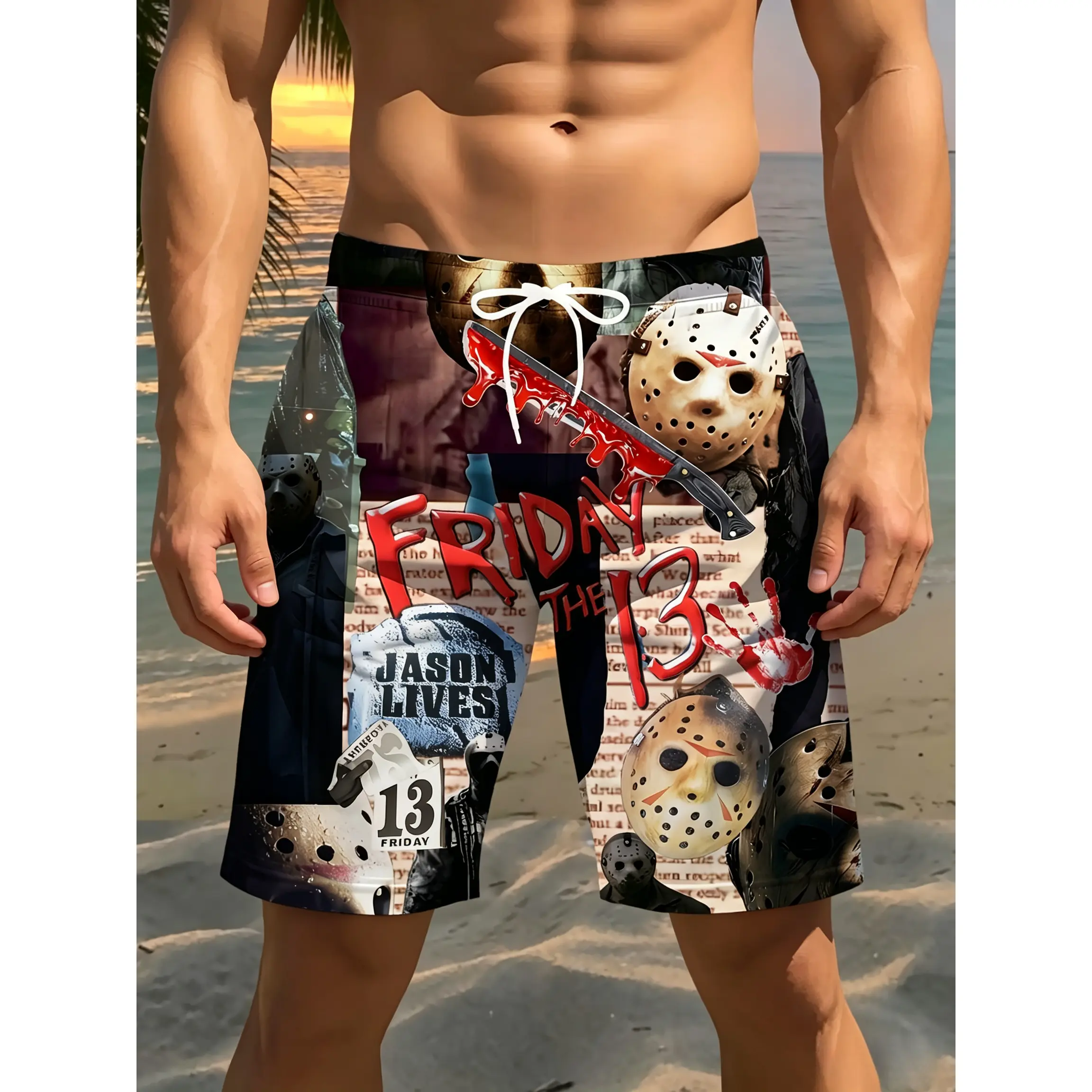 Horror Punk Mask Digital Print Men's Beach Shorts With Lining, Soft Polyester Drawstring Trunks For Summer Beach Pool Vacation Outdoor Mens Casual Swimwear