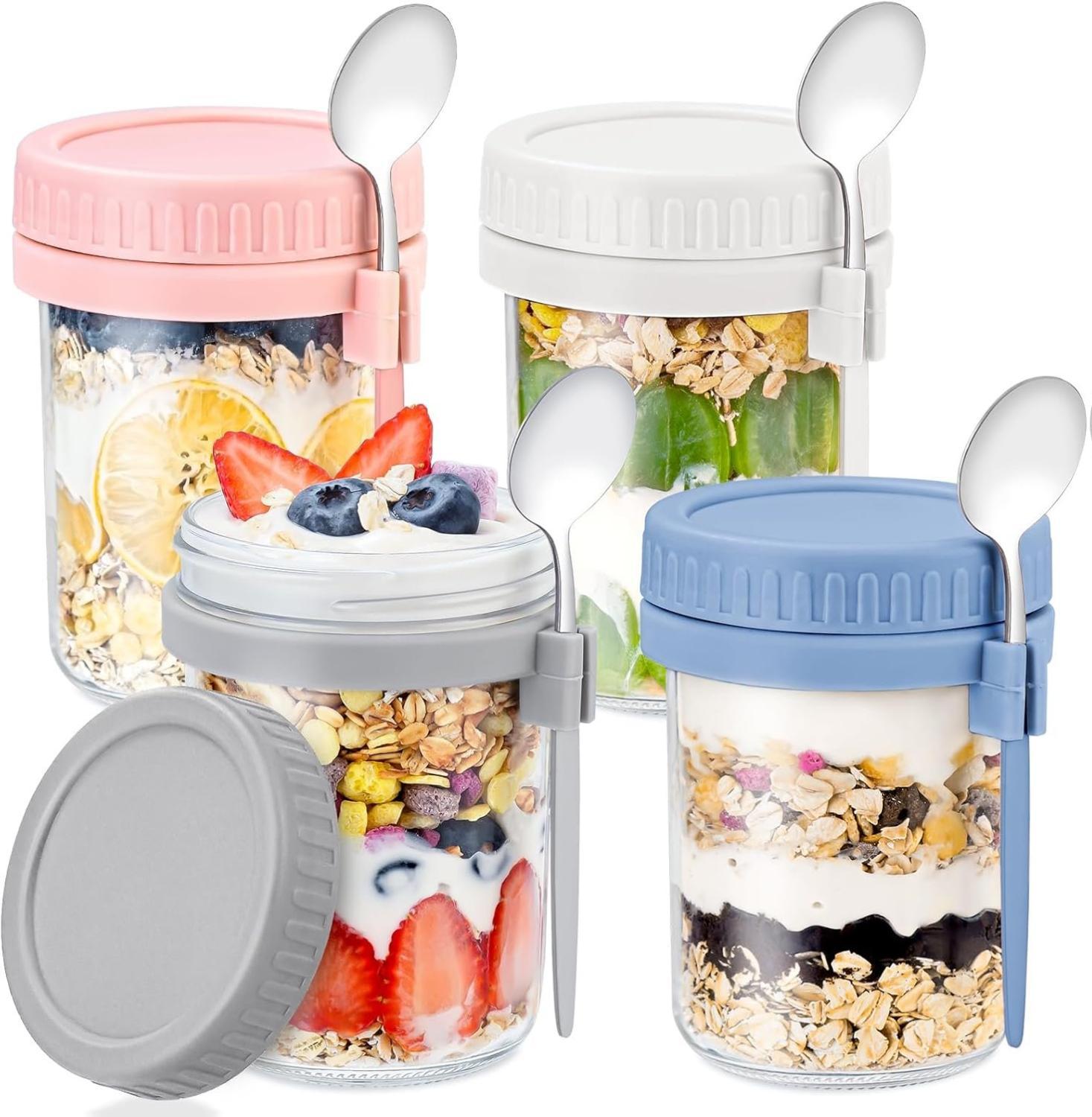 THE WELL KEPT 4 Pack Overnight Oats Containers with Lids and Spoons - DRKIO 16 Oz Glass Mason Jars for Overnight Oats Leak Proof Oatmeal Container Great for Cereal Fruit Vegetable Milk Salad Yogurt Meal Prep