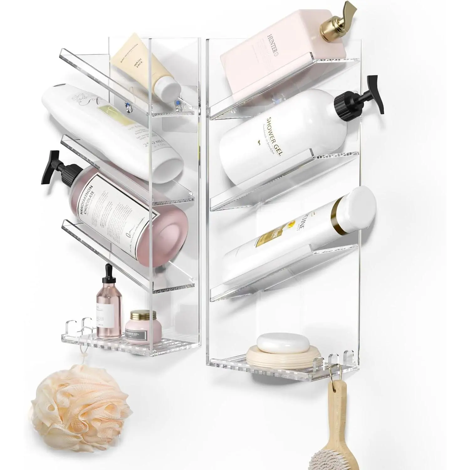 Acrylic Bathroom Organizer Caddy, Clear Shampoo Holder Wall Mounted, Shower Organizer with Suction Cup, No Drilling and Rustproof, Sturdy and Durable - Combination Shelf