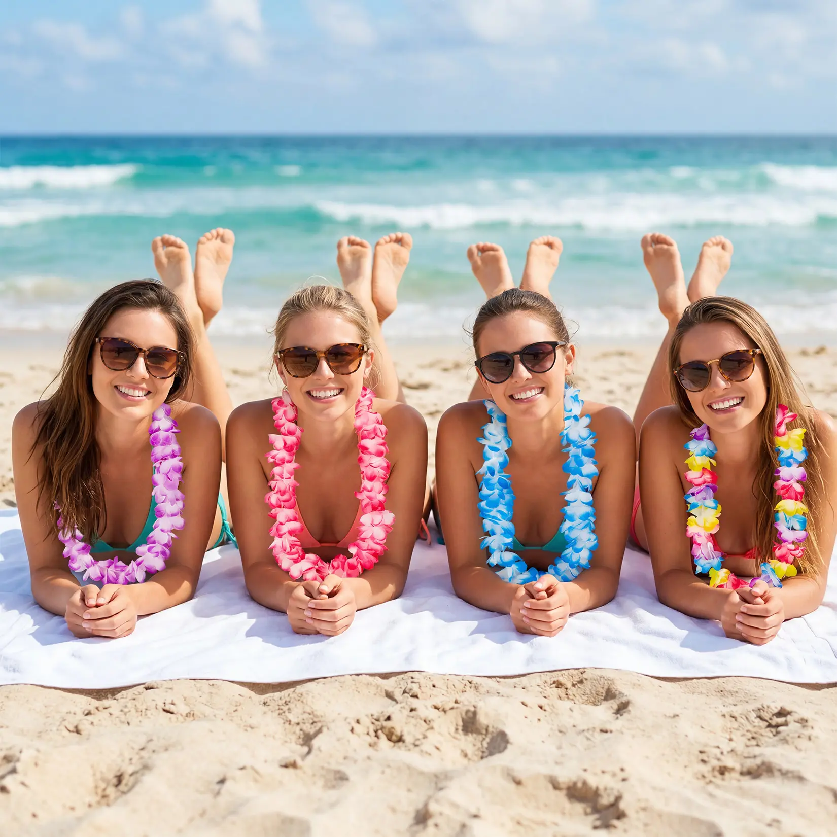 Lively Bulk Hawaiian Artificial Flower Leis - 120-Pack Exotic Neck Garlands - 12 Bright Solid Colors - 41" & 45" Reusable Fabric Decor for Luau, Beach, Pool, Birthday, Summer Events, Photo, Props