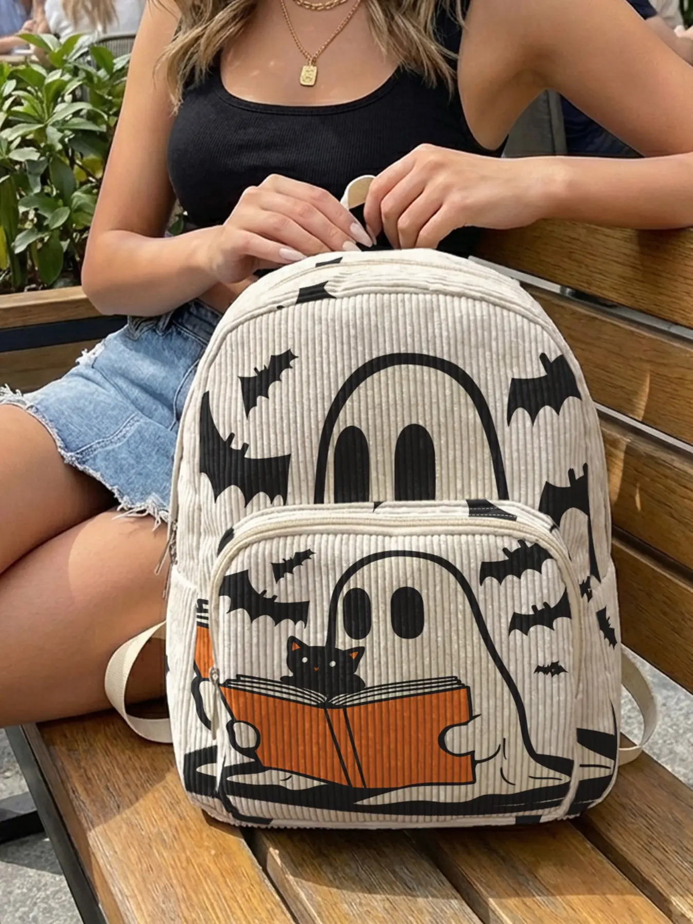 Cartoon Ghost Pattern Backpack for Women, Lightweight & Layered Storage, Ideal for School, Shopping, Short Trips, Casual Style