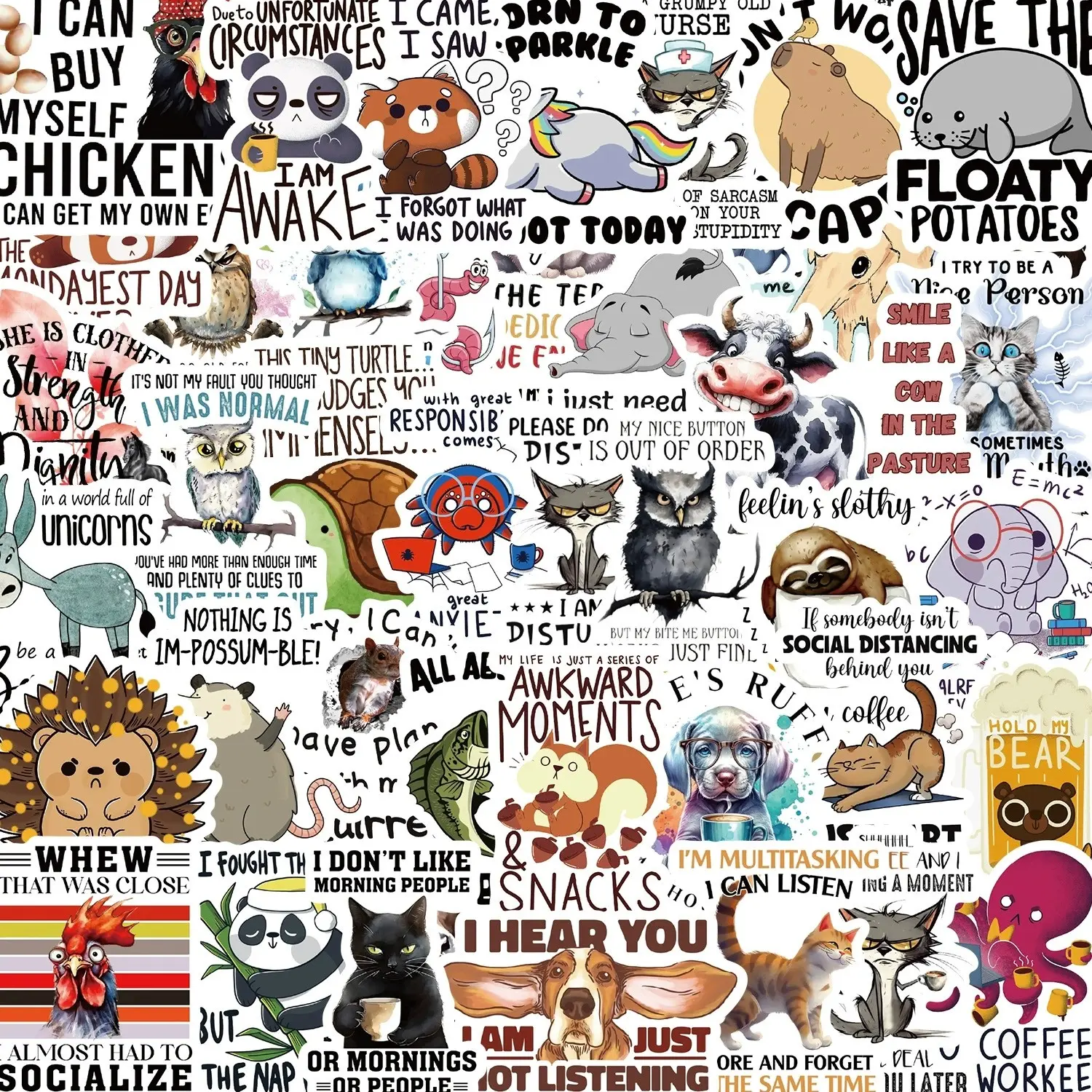 50-Pack Sarcastic Animal Sayings Sticker Bomb Kit, Waterproof Stickers for Notebooks, Macbook, Tumbler, Car & Phone Case, DIY Supplies