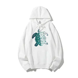Women's hooded sweatshirt with a turtle print design, suitable for graduation season, back-to-school season, Teacher's Day, autumn, and Christmas. Casual White