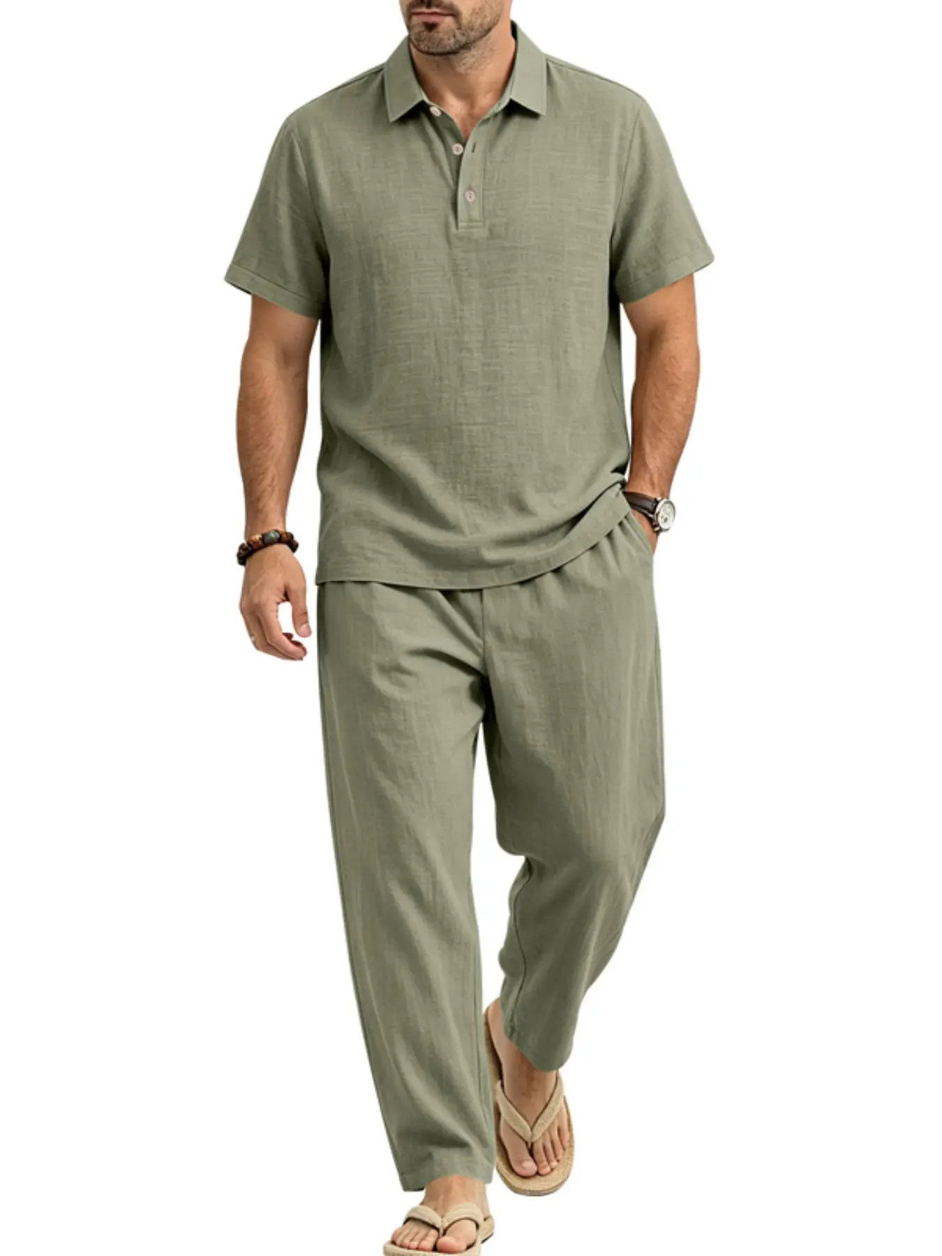 Men's Summer Linen Set, Loose Polo Shirt & Casual Long Pants, Breathable Two-Piece, Comfortable Home & Vacation Wear, European Style, Clothes Outfit