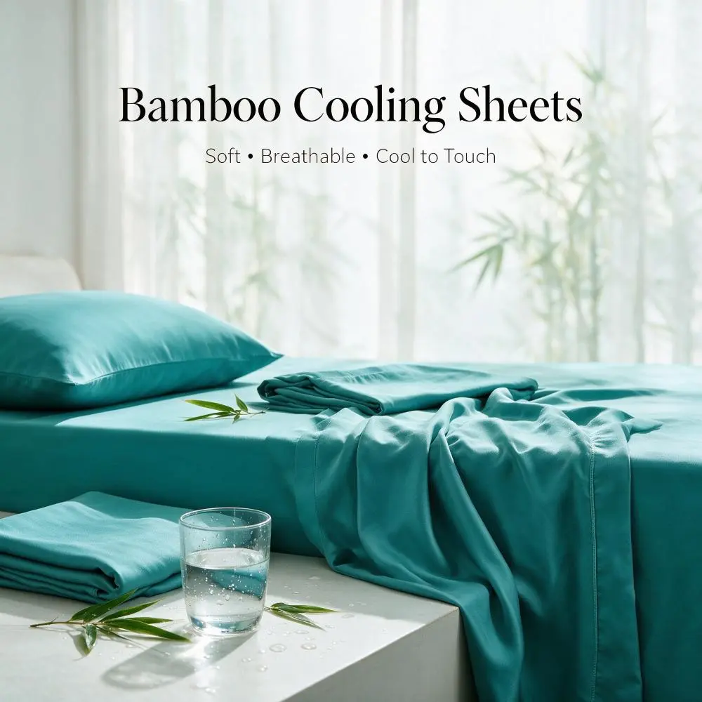 GOHOME 3/4PCS Ice Cooling Bamboo Sheet Set, Wrinkle Resistant, Breathable, Skin-Friendly Bedding for Hot Summer, 16 Inch Deep Pocket Sheet Set, 1 Flat Sheet, 1 Fitted Sheet, 1/2 Pillowcases, Suitable for All Seasons, Sheets Set - Perfect Gift