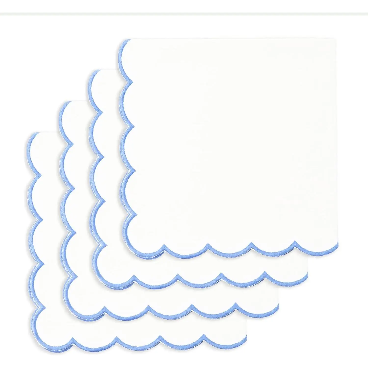 100% Cotton Scalloped Embroidery Cloth Napkins - 4-Pack 18x18 in - White with Light Blue Edges - Spring-Easter Tableware Decor