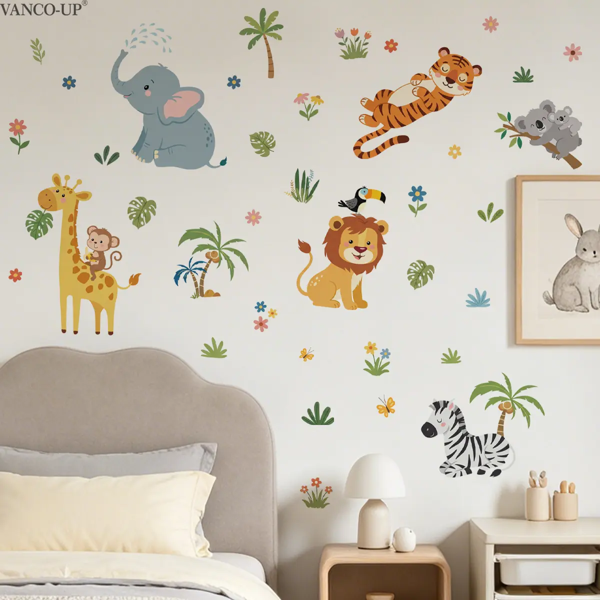 2Pcs Set (3090cm2pcs) Self-Adhesive Wall Stickers, Aesthetic Stickers, Fresh Tropical Cartoon Jungle Animals, Cute Greenery Decor Decals for Kids Room & Bedroom