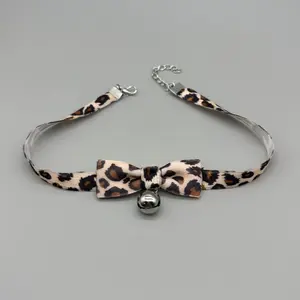 Leopard Print Bow Bell Choker Necklace for Women, Adjustable Velvet Neck Collar with Small Bell Pendant, Cute Maid Style Clavicle Chain