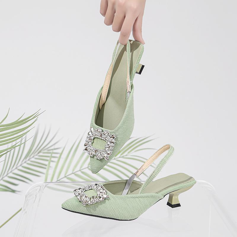 Women Summer Sandals with Rhinestone Square Buckle Fairy Style Open Back French Style Thin High Heel Pointed Toe Shoes