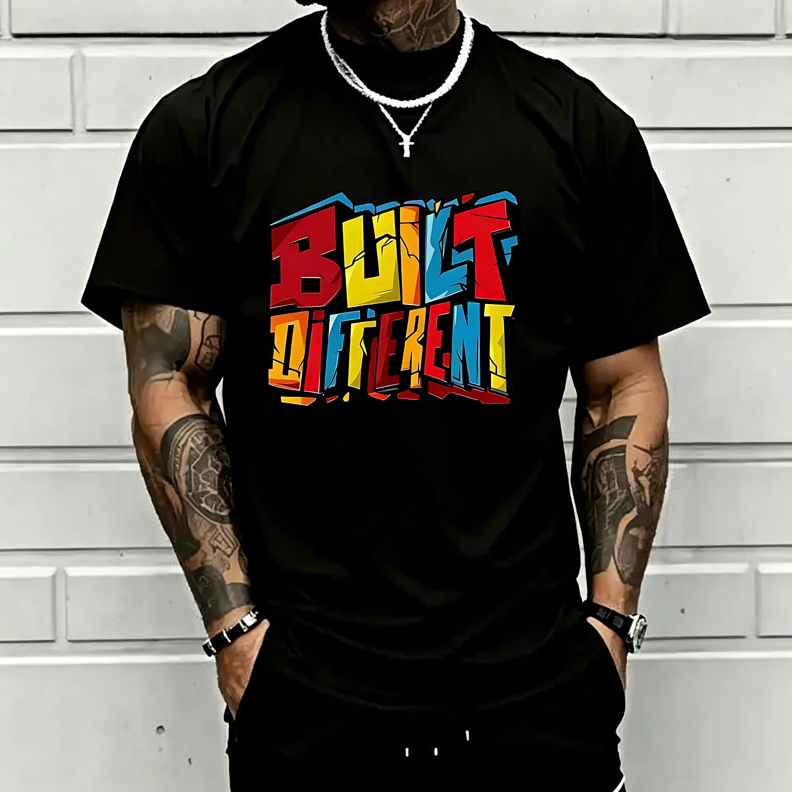 Built Different Graphic T-Shirt, Inspirational Statement Tee, Colorful Motivational Print Shirt, Positive Mindset Casual Tee, Unisex Graphic Top, Everyday Streetwear Style, Gift for Men Women Teens, Comfortable Crew Neck Fashion Shirt