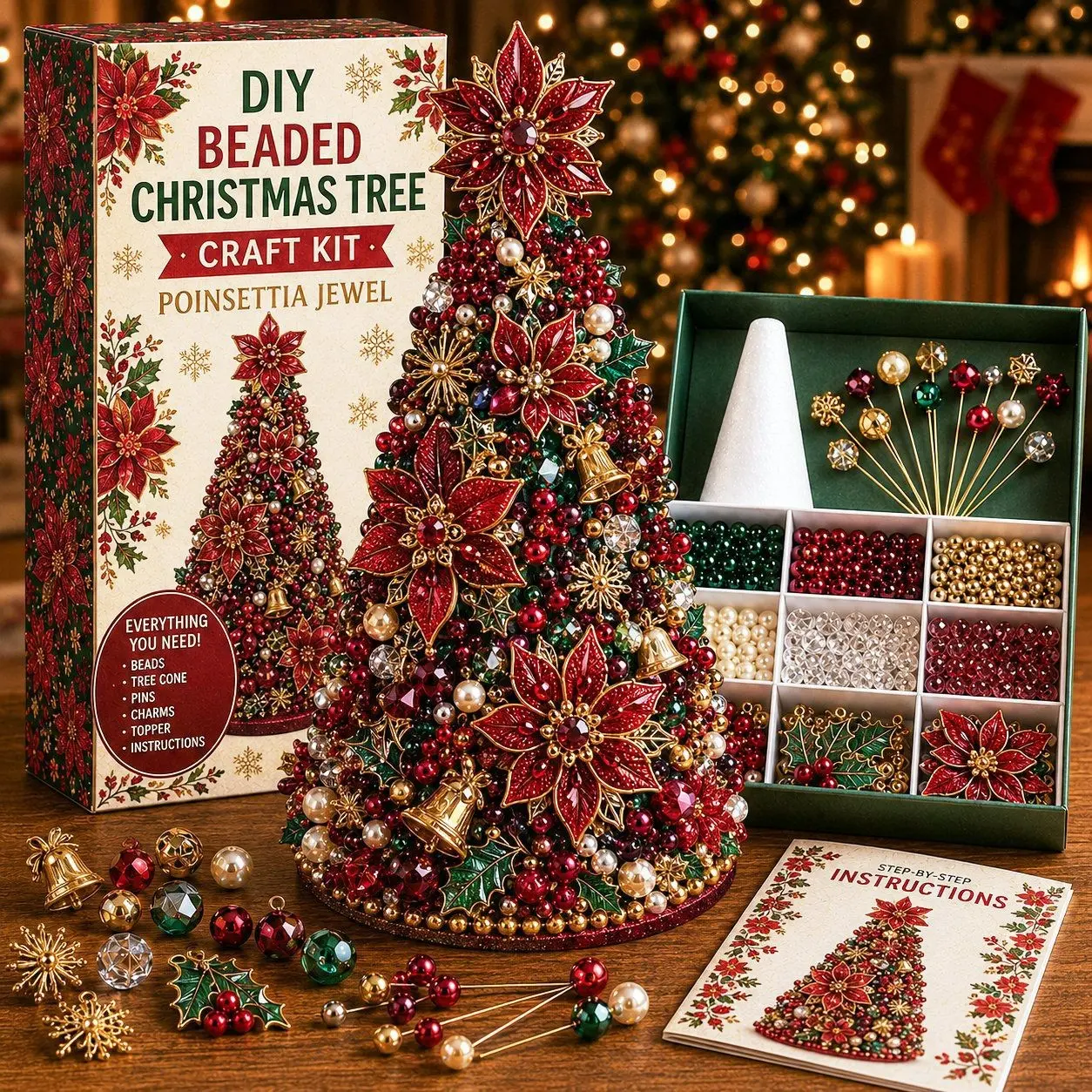 DIY Christmas Craft Kit, Desktop Christmas Tree, Poinsettia Decoration, Beaded Ornament, Handmade Ornament, Holiday Gift, Festive Home Decor
