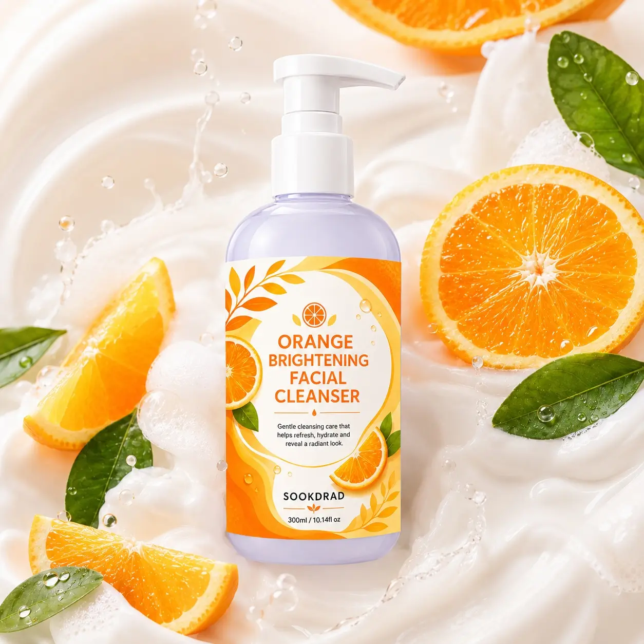 Orange Brightening Facial Cleanser, Brightening Facial Wash, orange, gentle cleansing, refresh skin, hydrate skin, brighten skin, face, daily facial care, 300ml/10.14fl oz