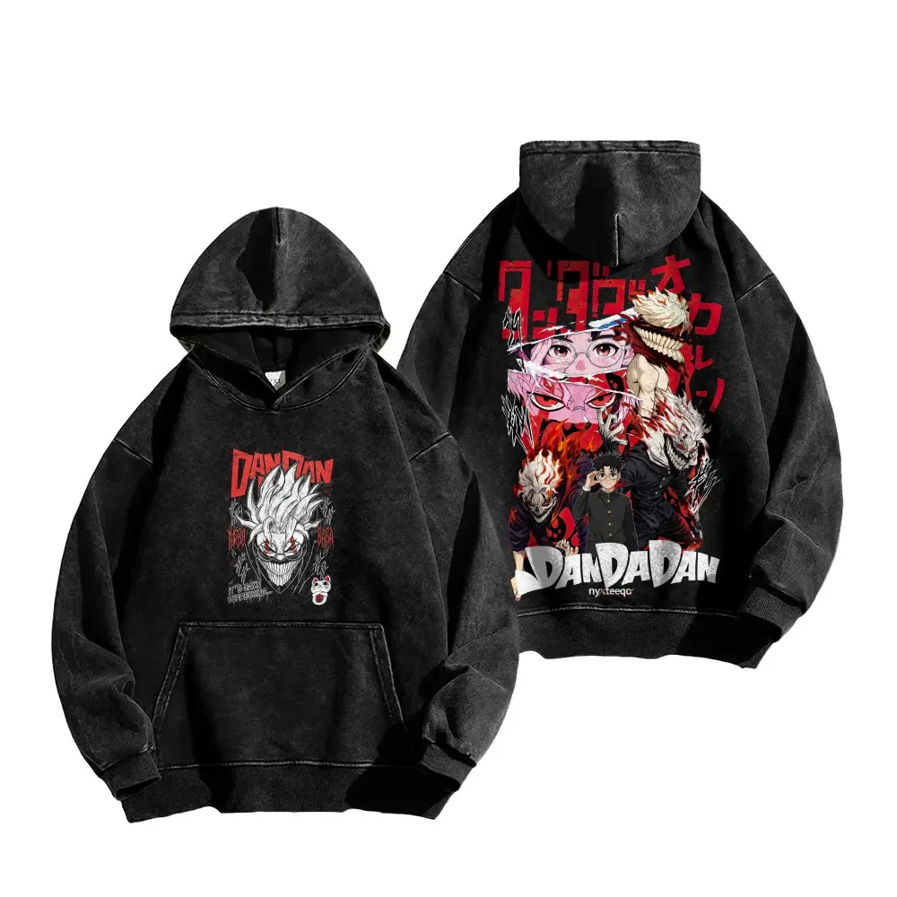 Unisex Menswear Vintage Washed Dandadan Cotton Fabric Pullover Hoodie - Front & Back Graphic Print, Retro Distressed Oversized Casual Fashion Anime Streetwear Hooded Sweatshirt (Multiple Colors)