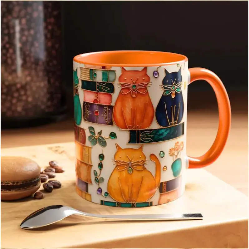 Stained Glass Look Cat Ceramic Coffee Mug, Whimsical Vintage Stained Glass Art Kitty Book Lover Tea Cup, Cozy Bookish Cat Mom Daily Morning Latte Hot Cocoa Drinkware