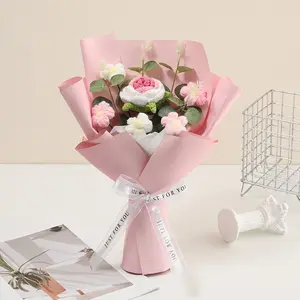 Handmade crochet bouquet, 1 artificial flower bouquet, knitted wool flowers, comes with a transparent handbag strap. Suitable for birthday gifts, home decoration, party setup, fruit design, artificial flower decoration and artificial decorative flowers.v