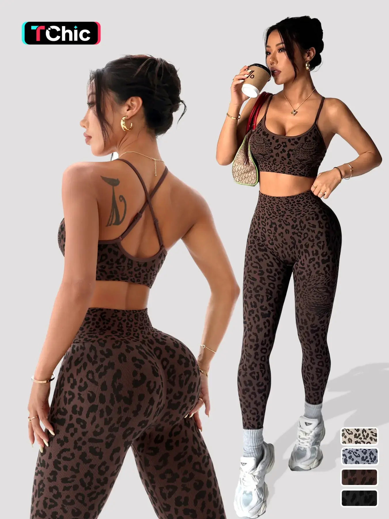 Women's Spring Summer Leopard Print Two-Piece Set, Fitted Sportswear Set, Matching Bodycon Athletic Workout Set, Athletic Clothing Set, Adjustable Straps Backless Top + High Waist Tummy Control Nine-Point Tight Yoga Pants