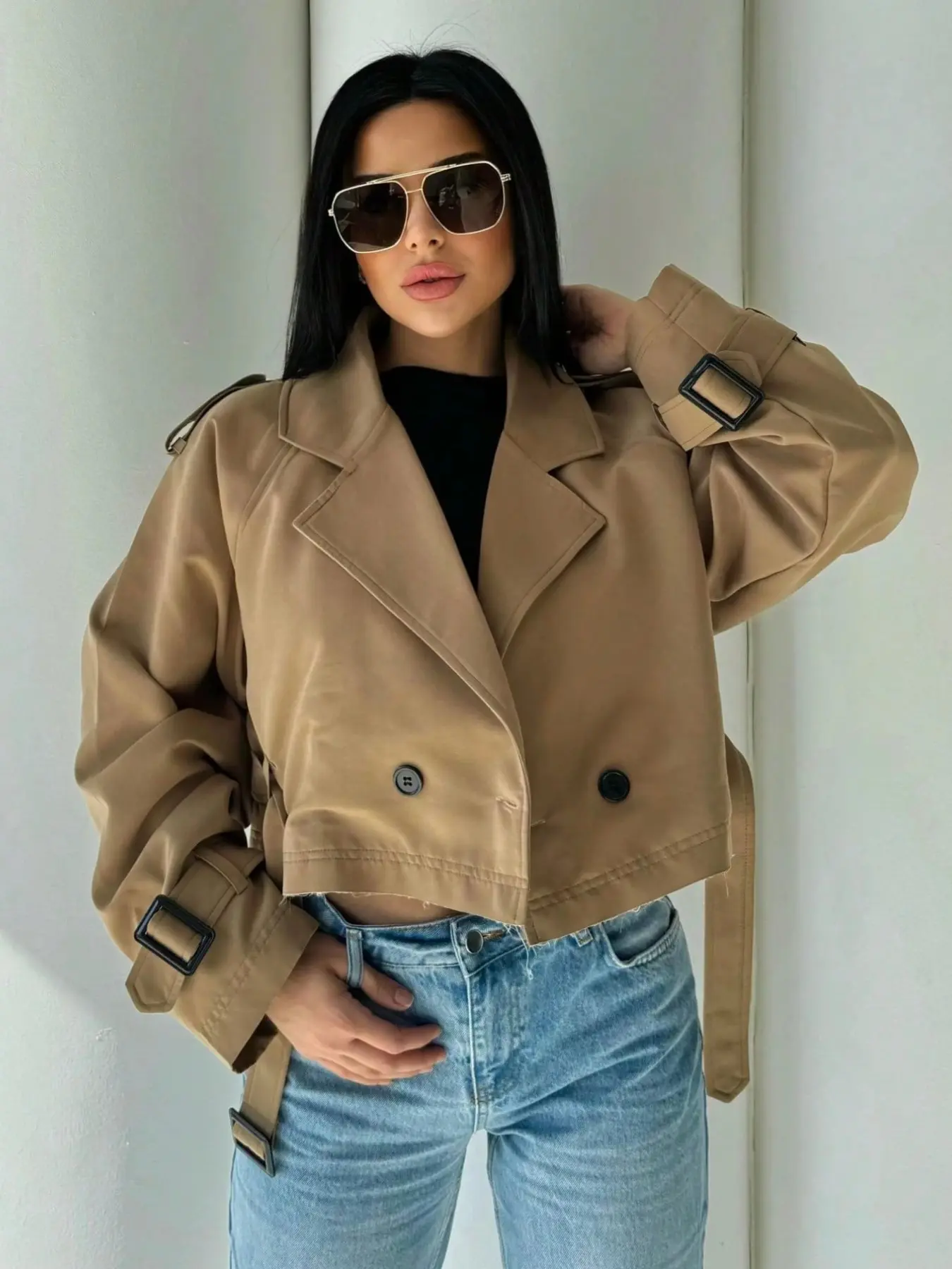 Women's Vintage Workwear Short Jacket, Double-Breasted, Lapel Collar, Waist Belt, Sleeve Tie, High-Waisted, Waterproof, Spring & Fall