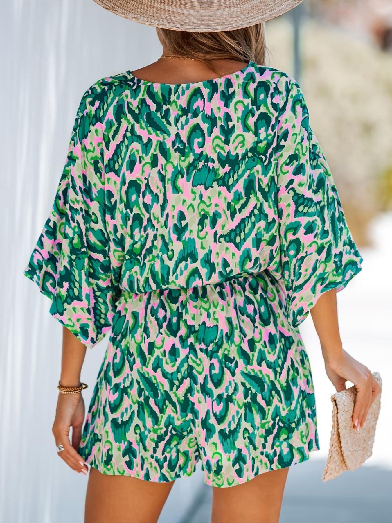 Women's All Over Print Belted V Neck Wide Leg Romper, Boho Casual Fashion Batwing Sleeve Half Sleeve High Waist Romper for Summer, Fashion Women's Clothing for Beach Holiday Vacation