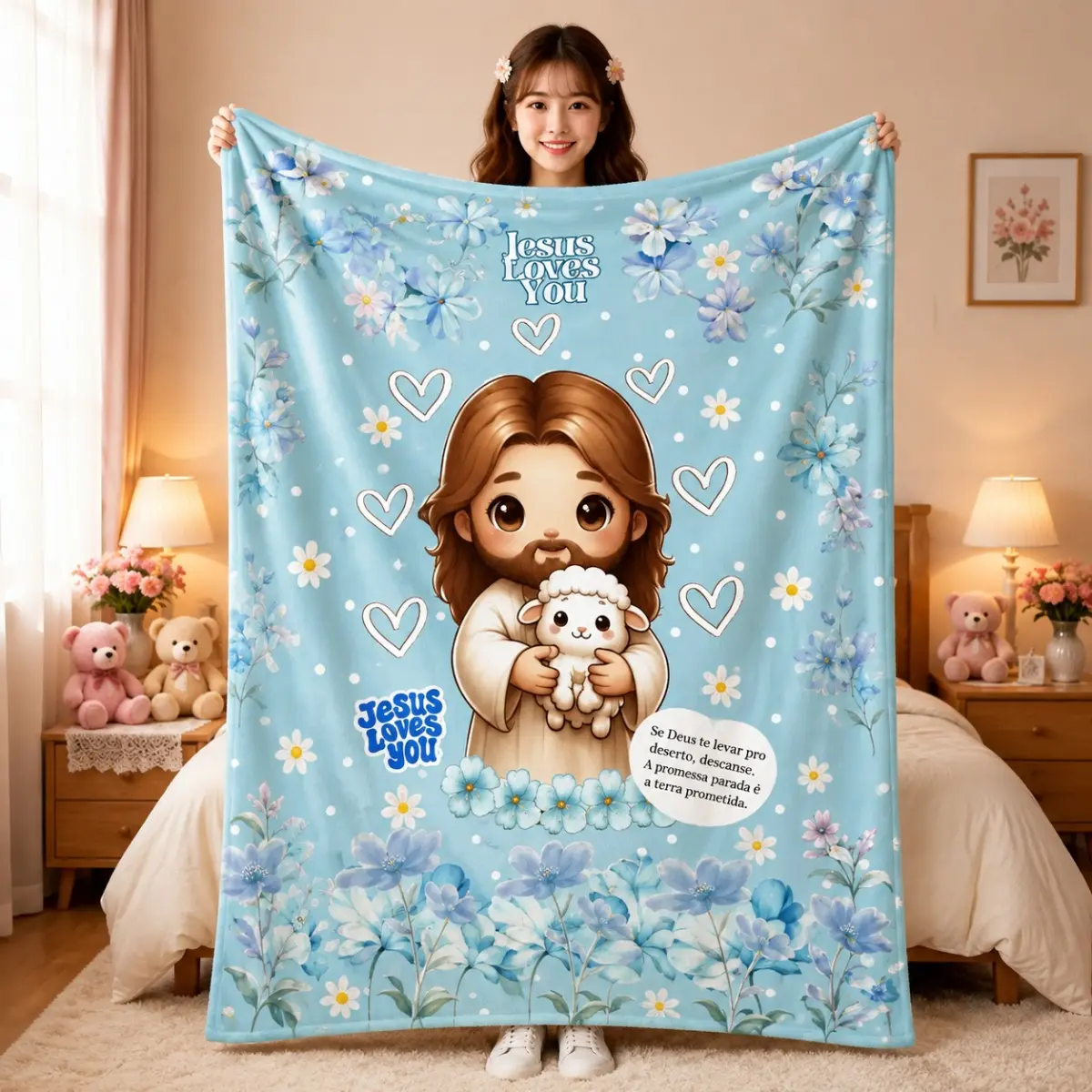 Classic Cartoon Print Jesus Lamb Blue Floral Flannel Throw Blanket - Flannel Fabric, Jesus Loves You Faith Design, Soft Lightweight Cozy for Bedroom Sofa, Meaningful Religious Gift for Baptism, Nursery Decor Home Use, Ultra Soft