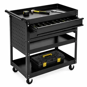 Garvee 30 Inch Tool Cart with Rolling Wheels, 3 Tier Steel Utility Storage Cabinet with 2 Drawers and Casters, Heavy Duty Storage Chest for Garage, Warehouse and Workshop